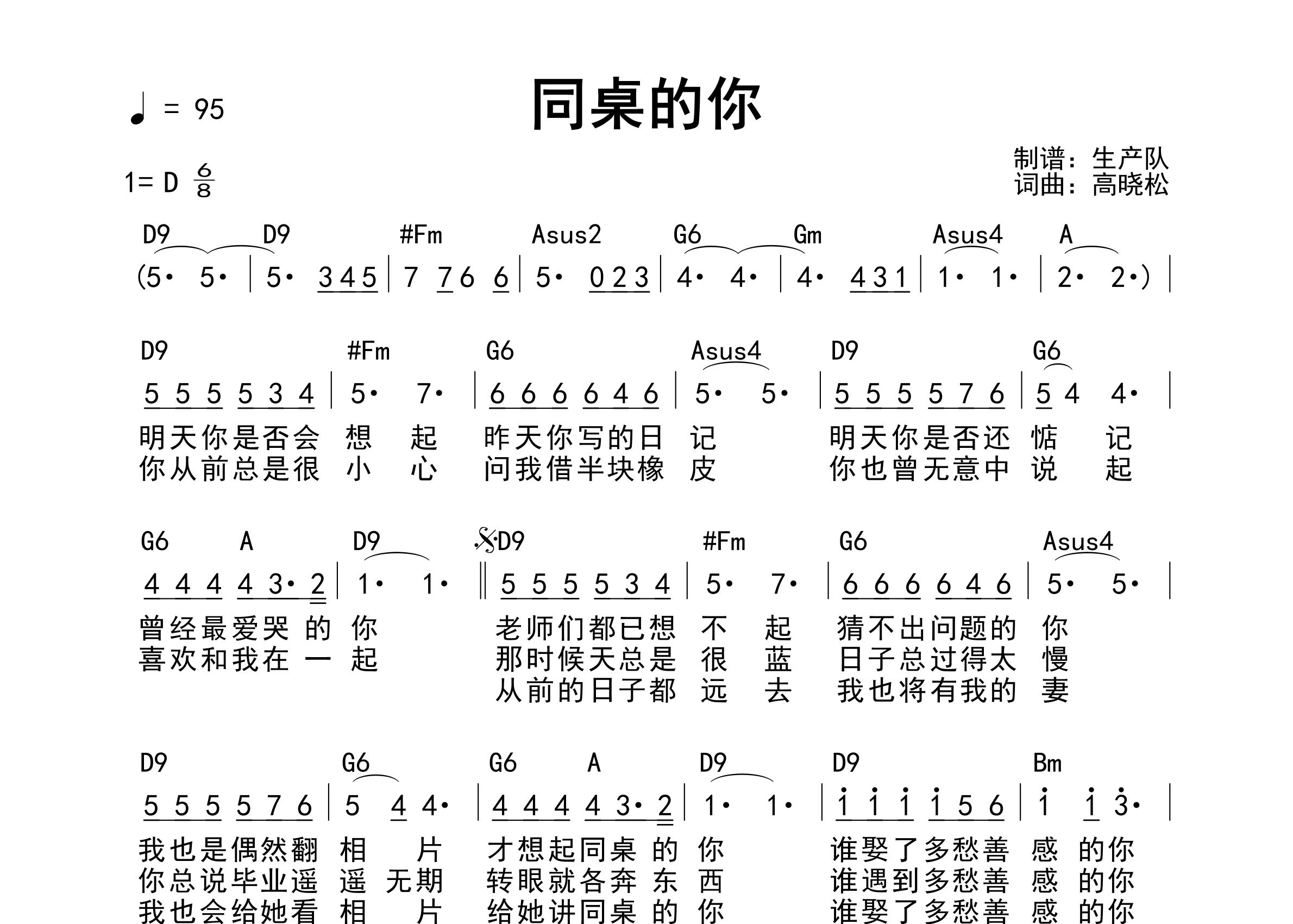 同桌的你吉他谱_老狼_D调和弦弹唱谱_生产队上传