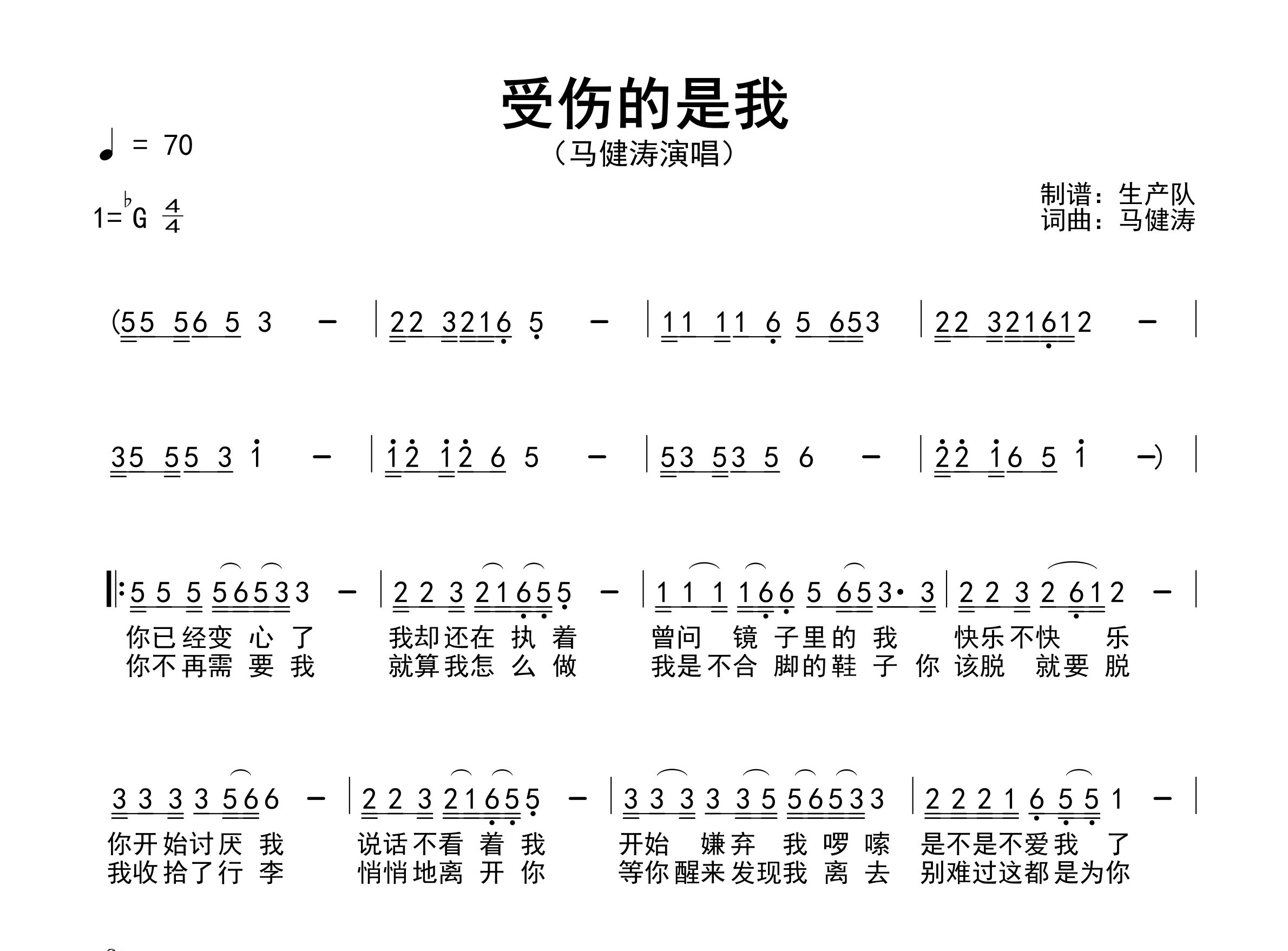 受伤的是我简谱_马健涛_歌曲简谱_生产队上传