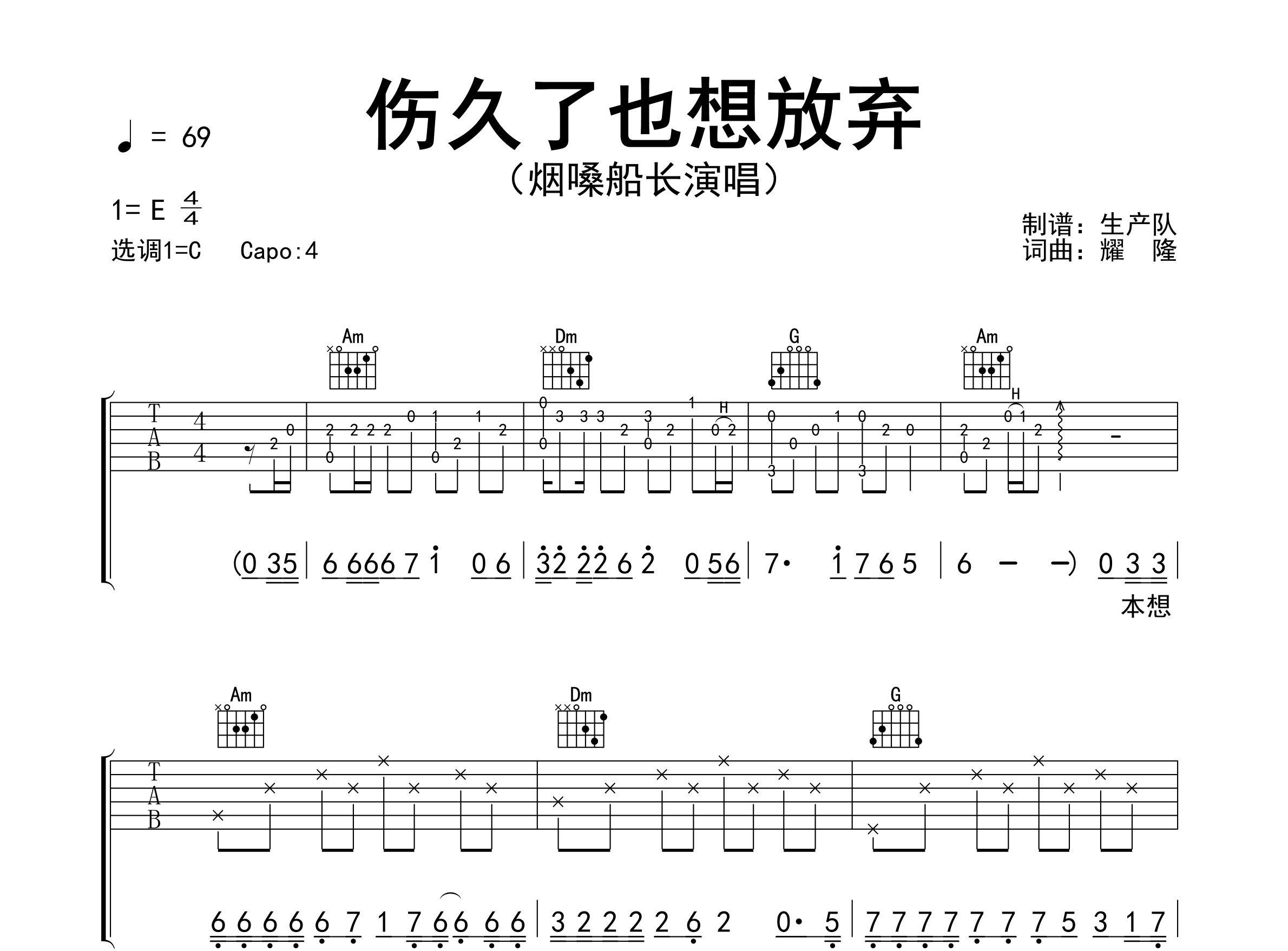 伤久了也想放弃吉他谱_烟嗓船长_C调弹唱六线谱_生产队上传
