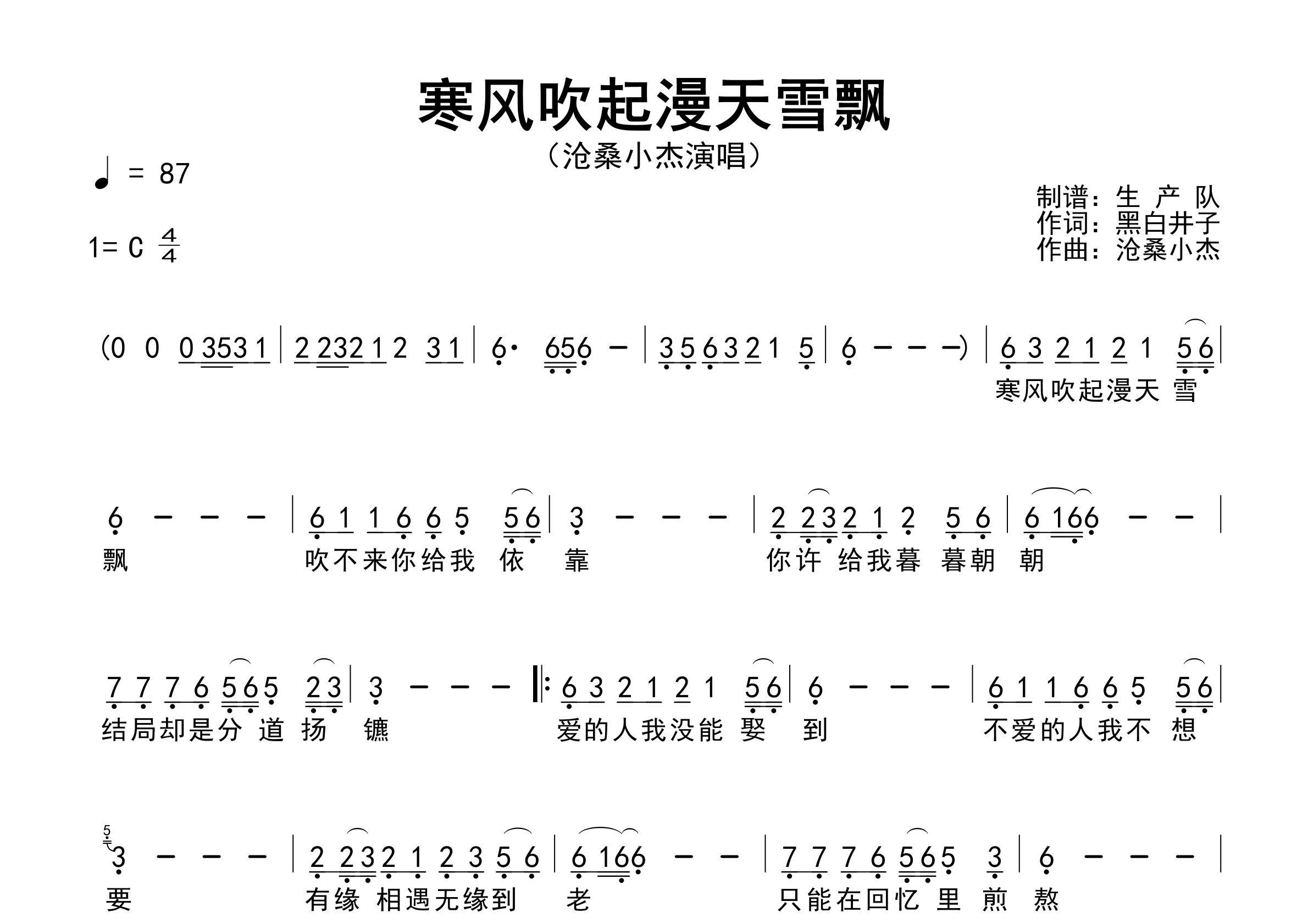 寒风吹起漫天雪飘简谱_沧桑小杰_歌曲旋律简谱