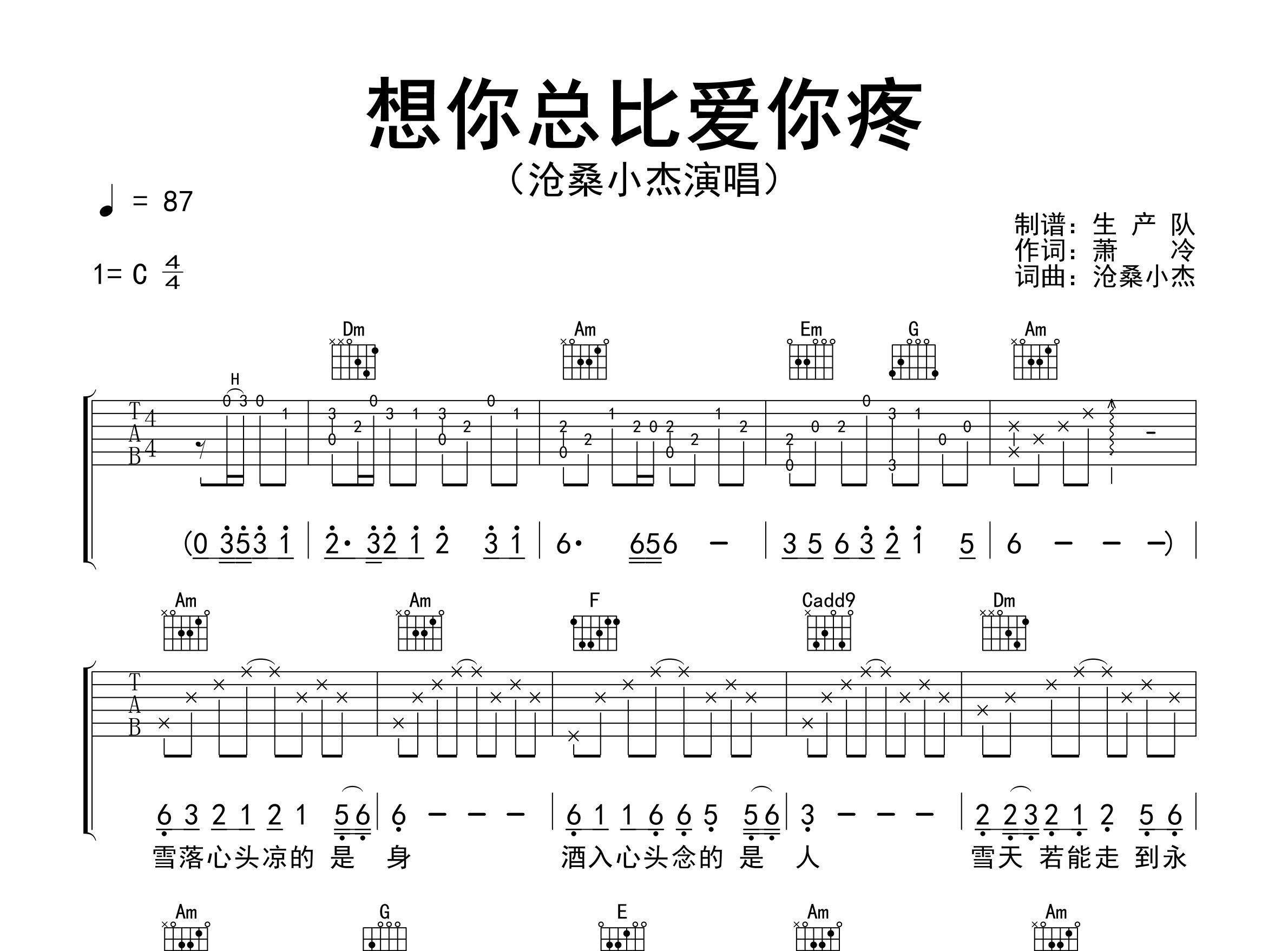 想你总比爱你疼吉他谱_沧桑小杰_C调弹唱六线谱_生产队上传