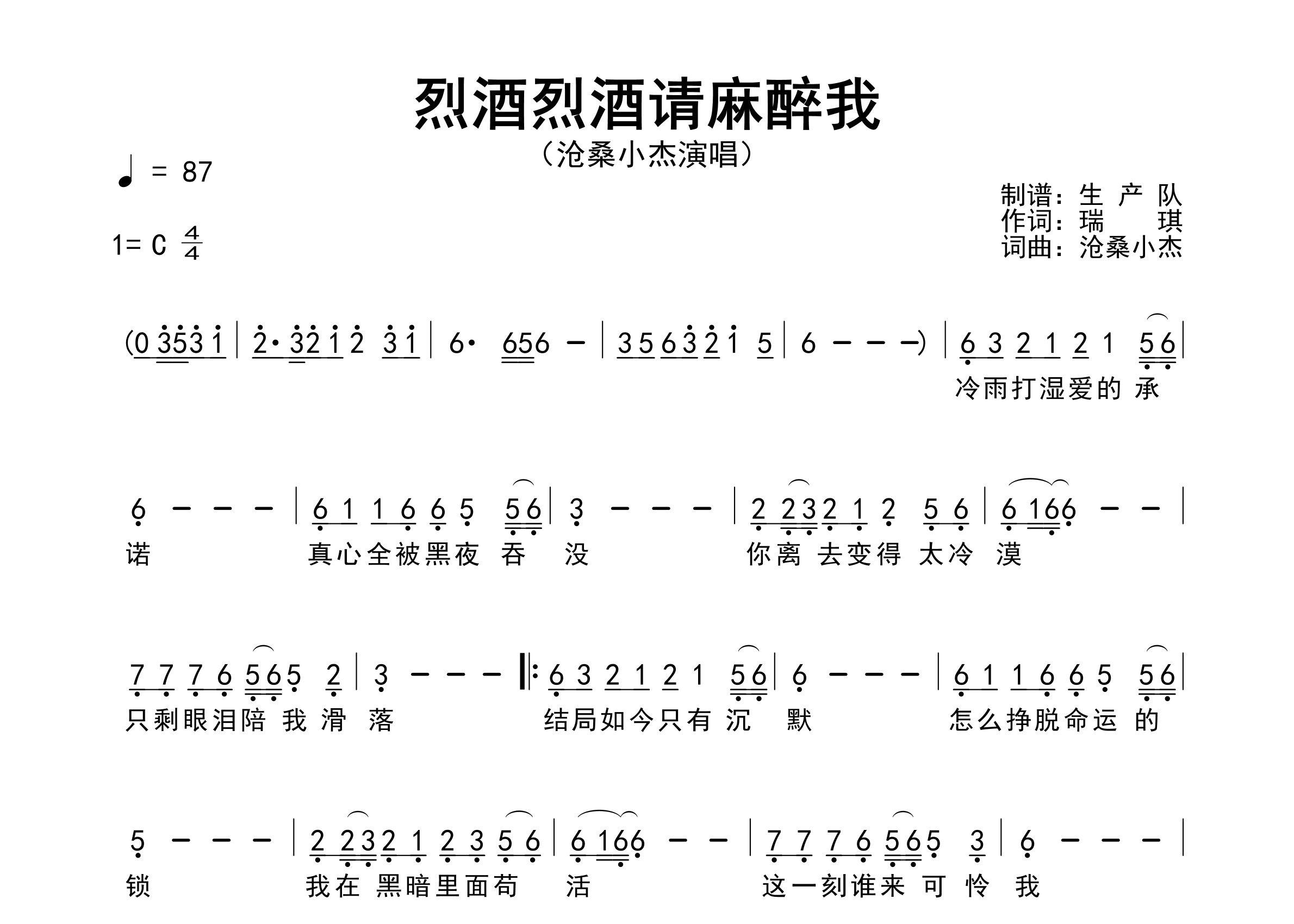 烈酒烈酒请麻醉我简谱_沧桑小杰_歌曲简谱_生产队上传