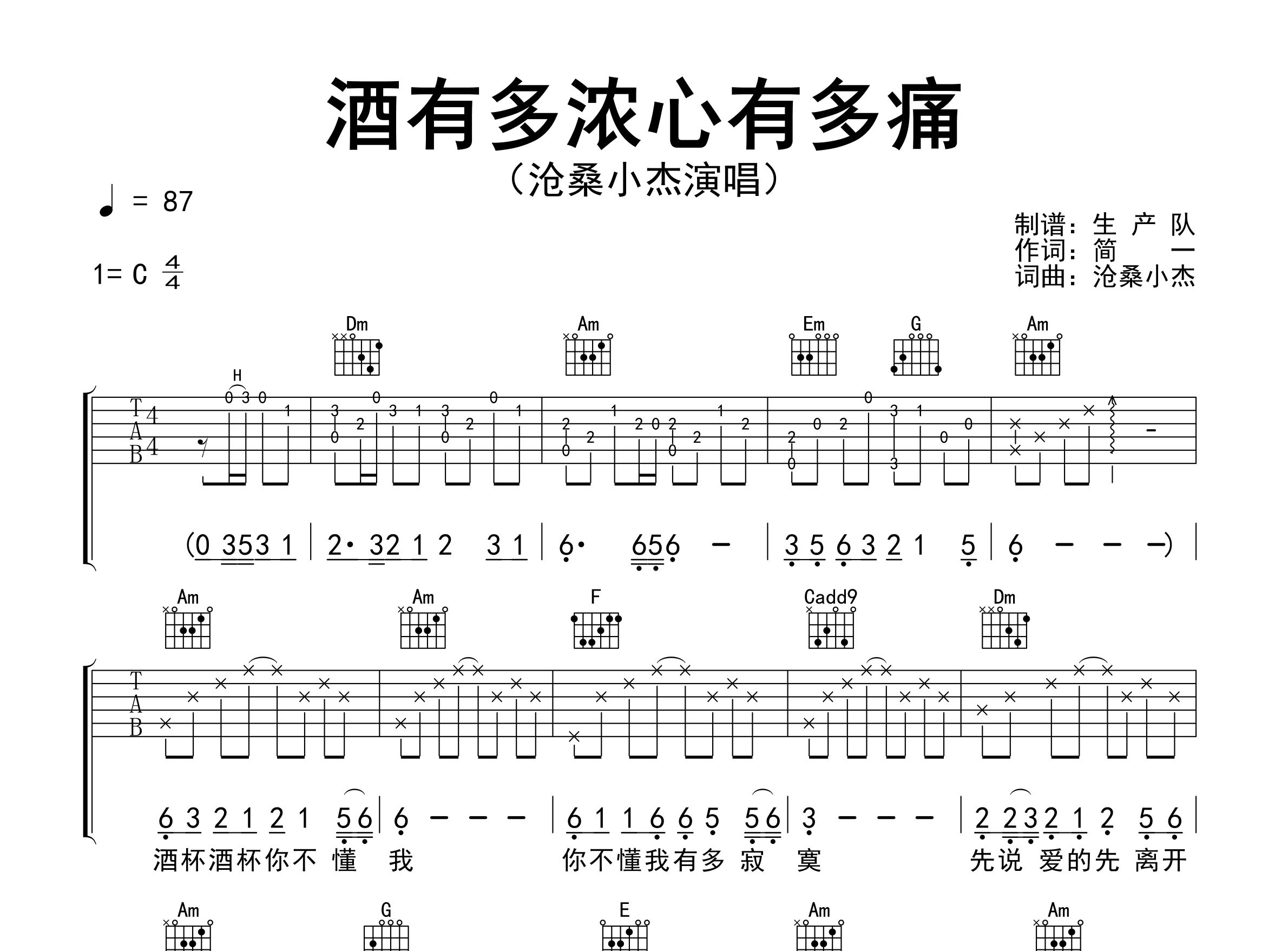 酒有多浓心有多痛吉他谱_精编版_C调弹唱六线谱_生产队上传