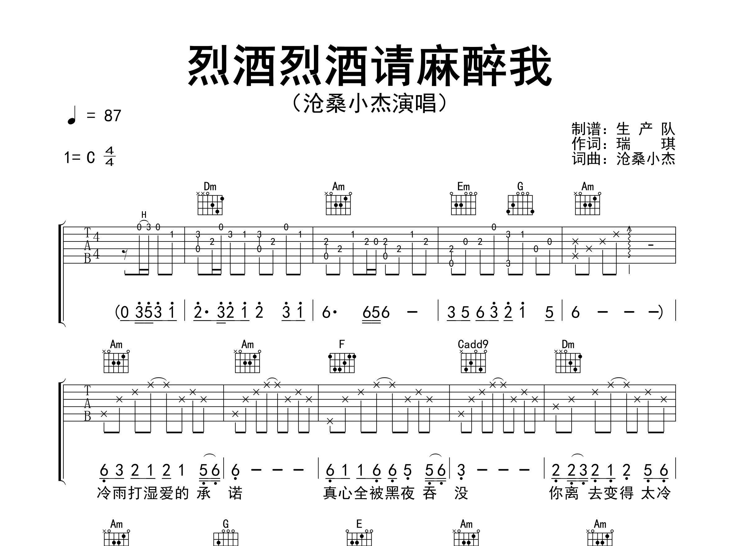 烈酒烈酒请麻醉我吉他谱_沧桑小杰_C调弹唱谱_生产队上传