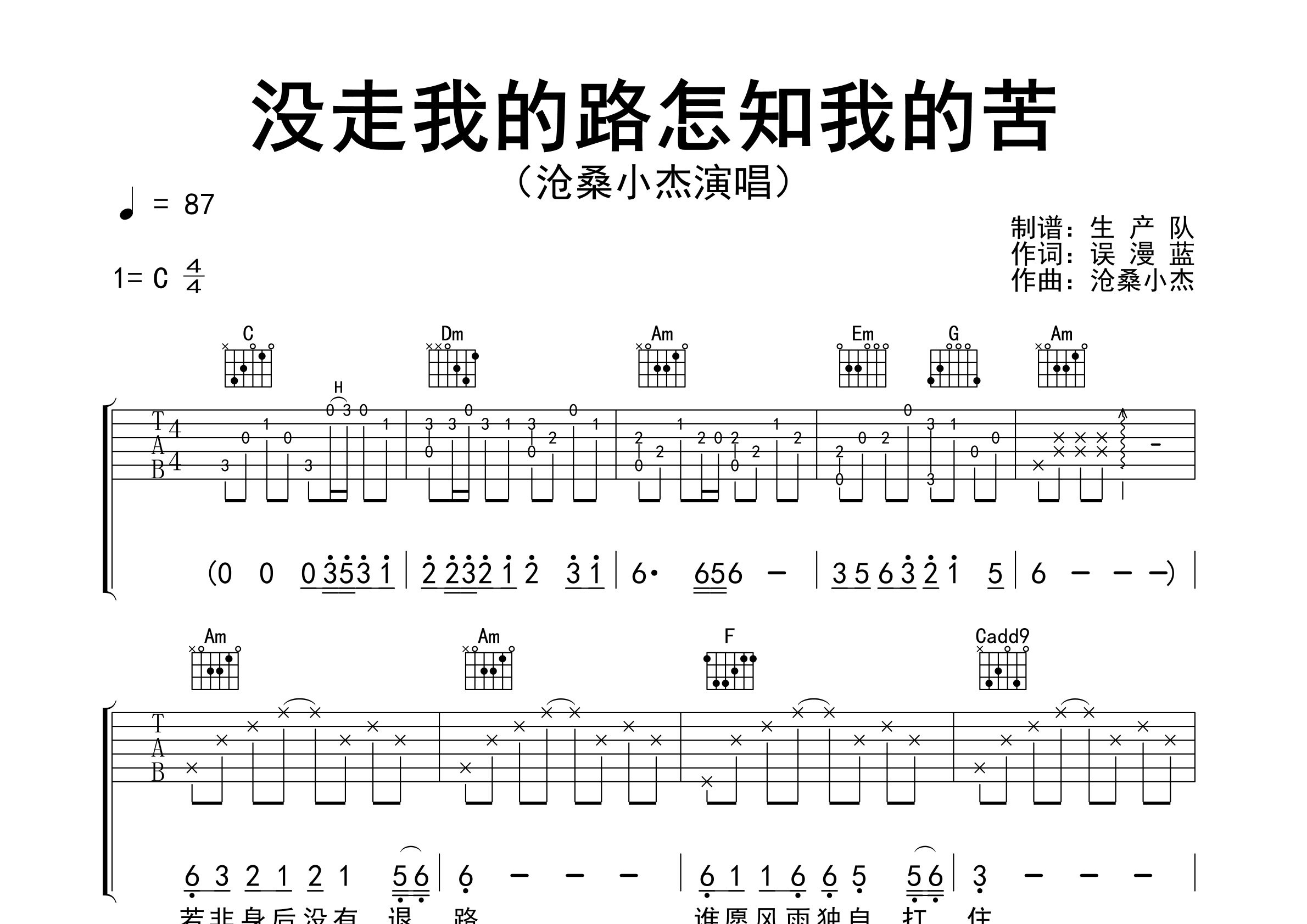 没走我的路怎知我的苦吉他谱_沧桑小杰_C调弹唱六线谱