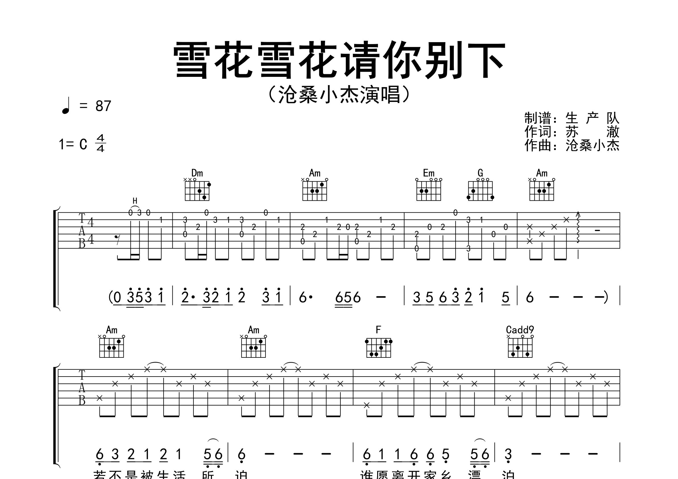 雪花雪花请你别下吉他谱_沧桑小杰_C调弹唱谱_生产队上传