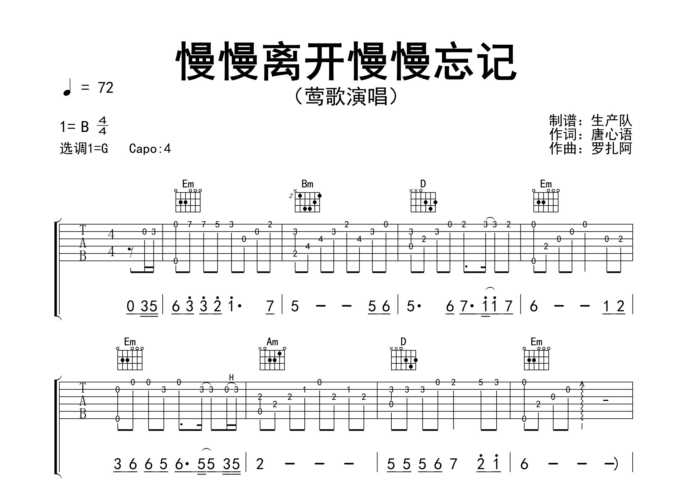 慢慢离开慢慢忘记吉他谱_莺歌_G调弹唱六线谱_生产队上传