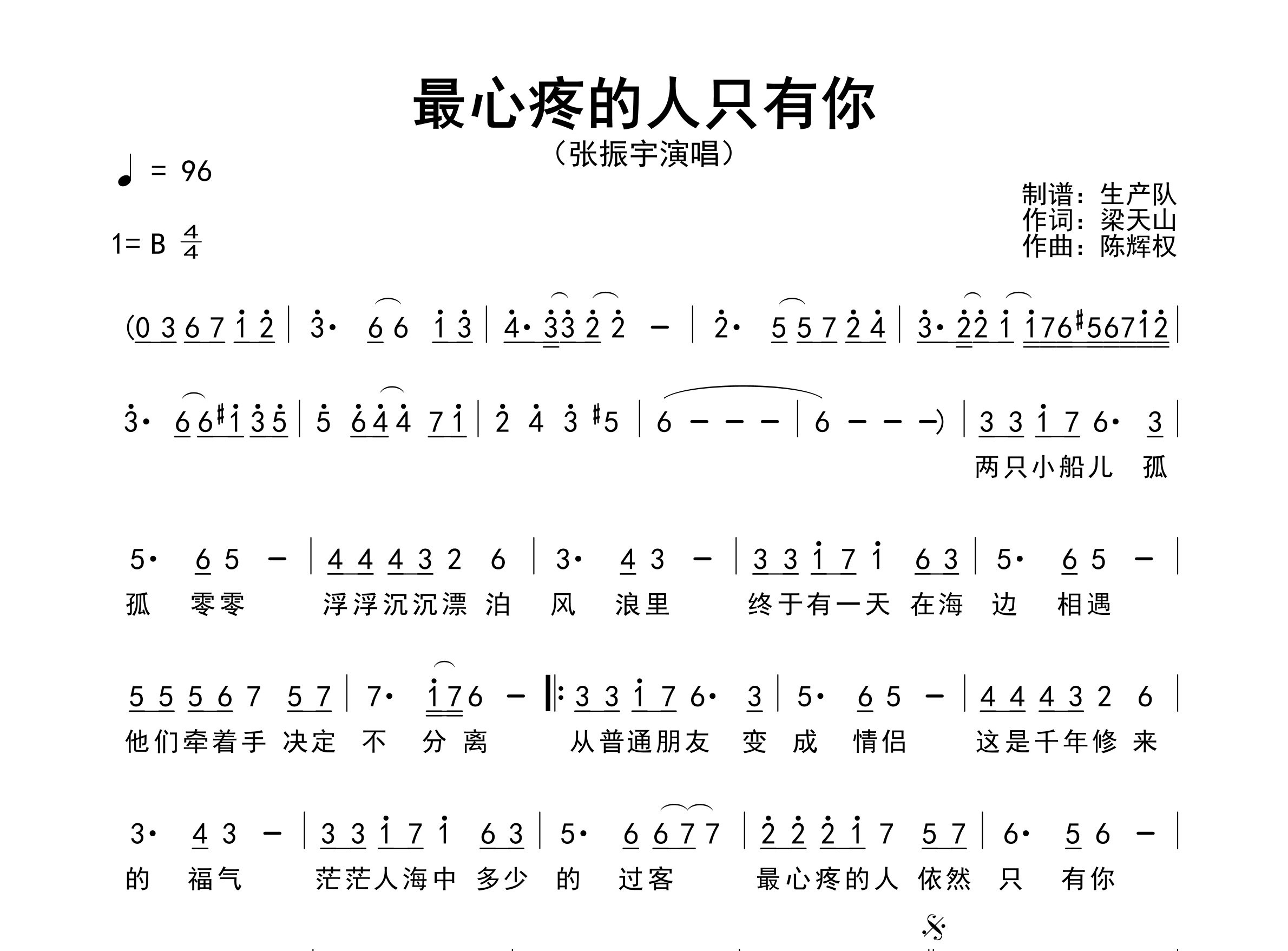 最心疼的人只有你简谱_张振宇_歌曲简谱_生产队上传