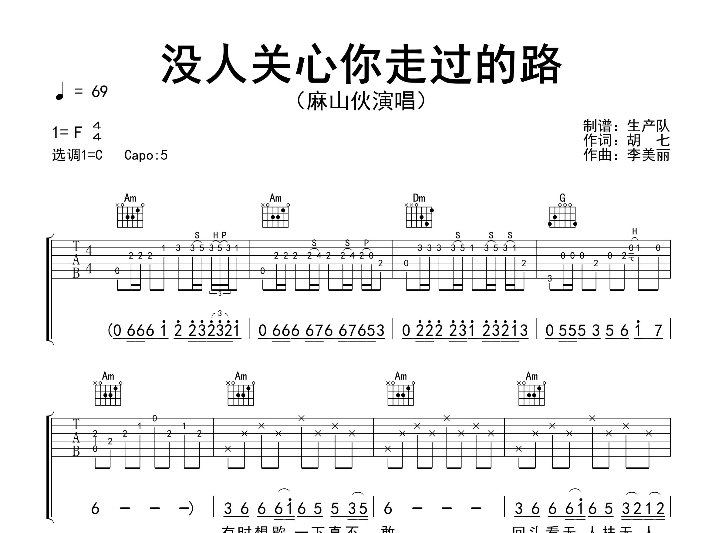 没人关心你走过的路吉他谱_麻山伙_C调弹唱谱_生产队上传