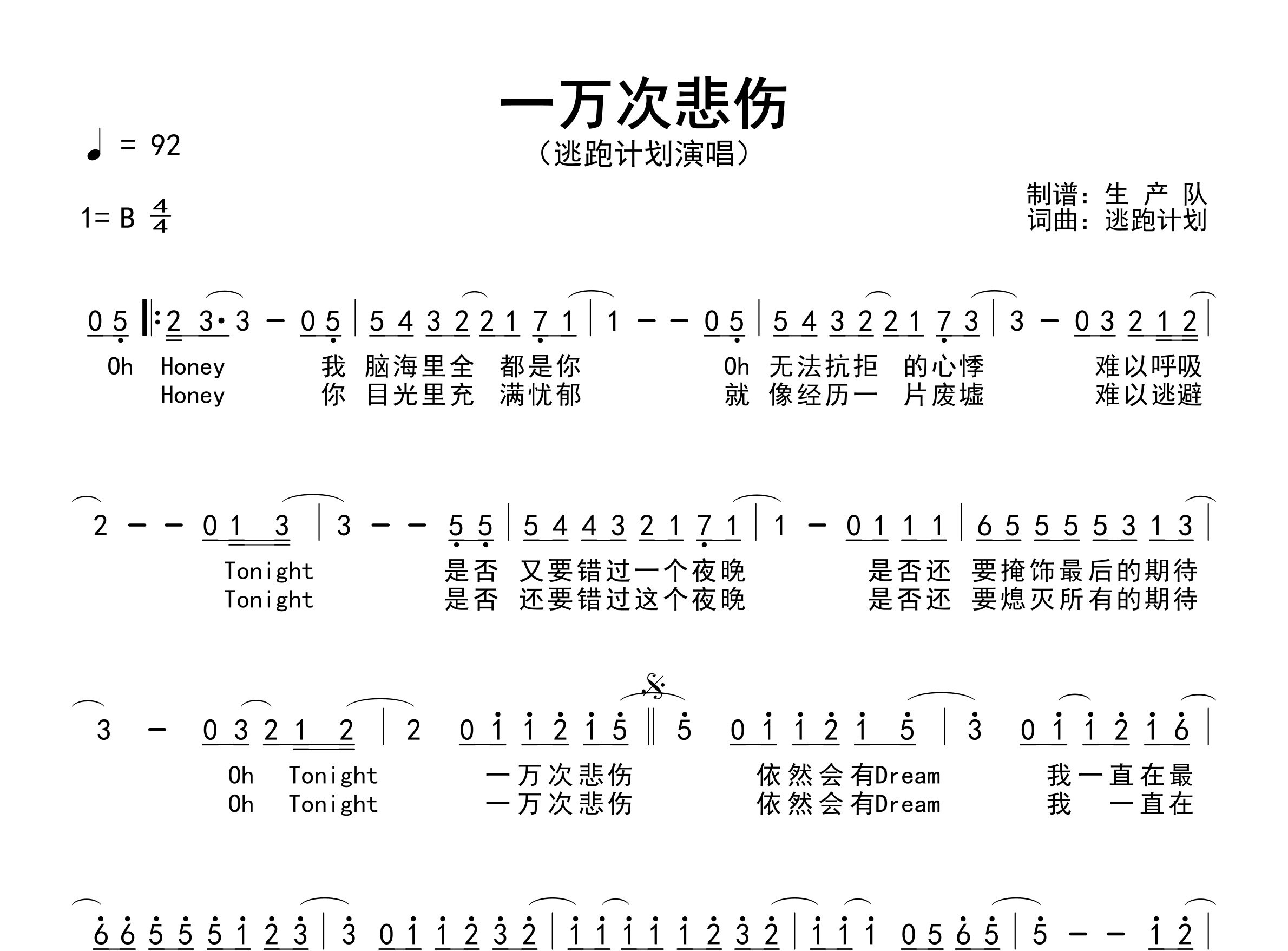 一万次悲伤简谱_逃跑计划_歌曲简谱_生产队上传