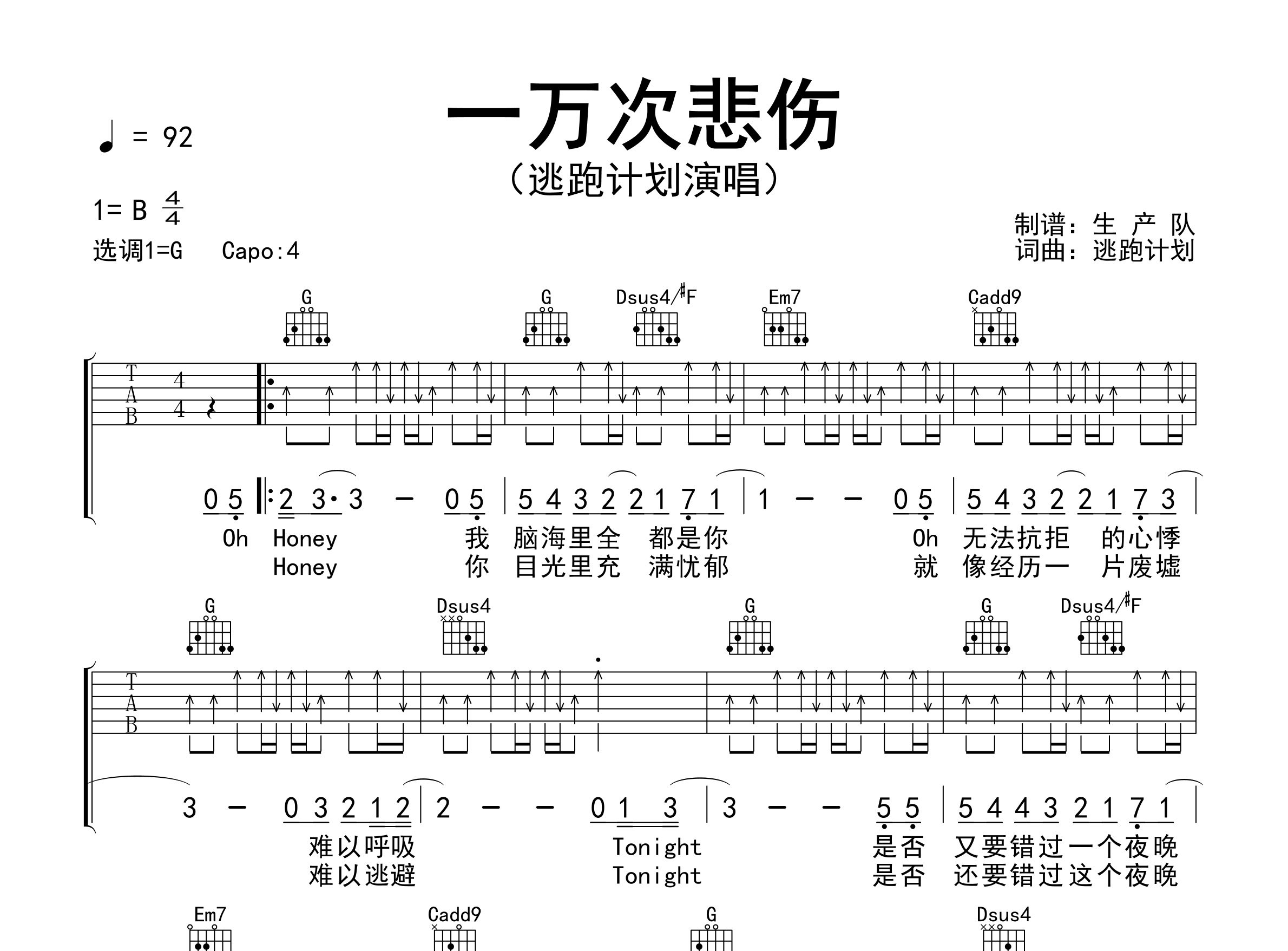 一万次悲伤吉他谱_逃跑计划_G调弹唱六线谱_生产队上传