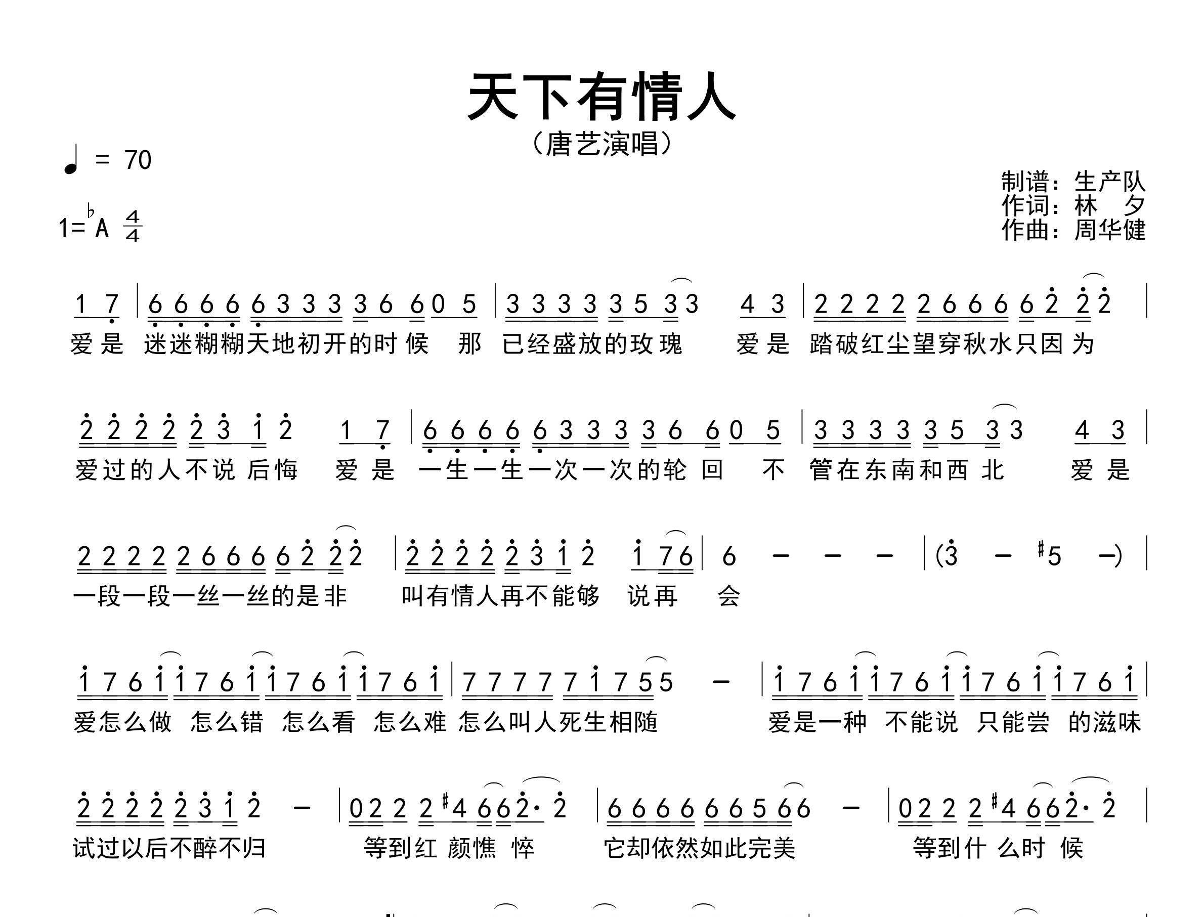 天下有情人简谱_唐艺_歌曲旋律简谱_生产队上传