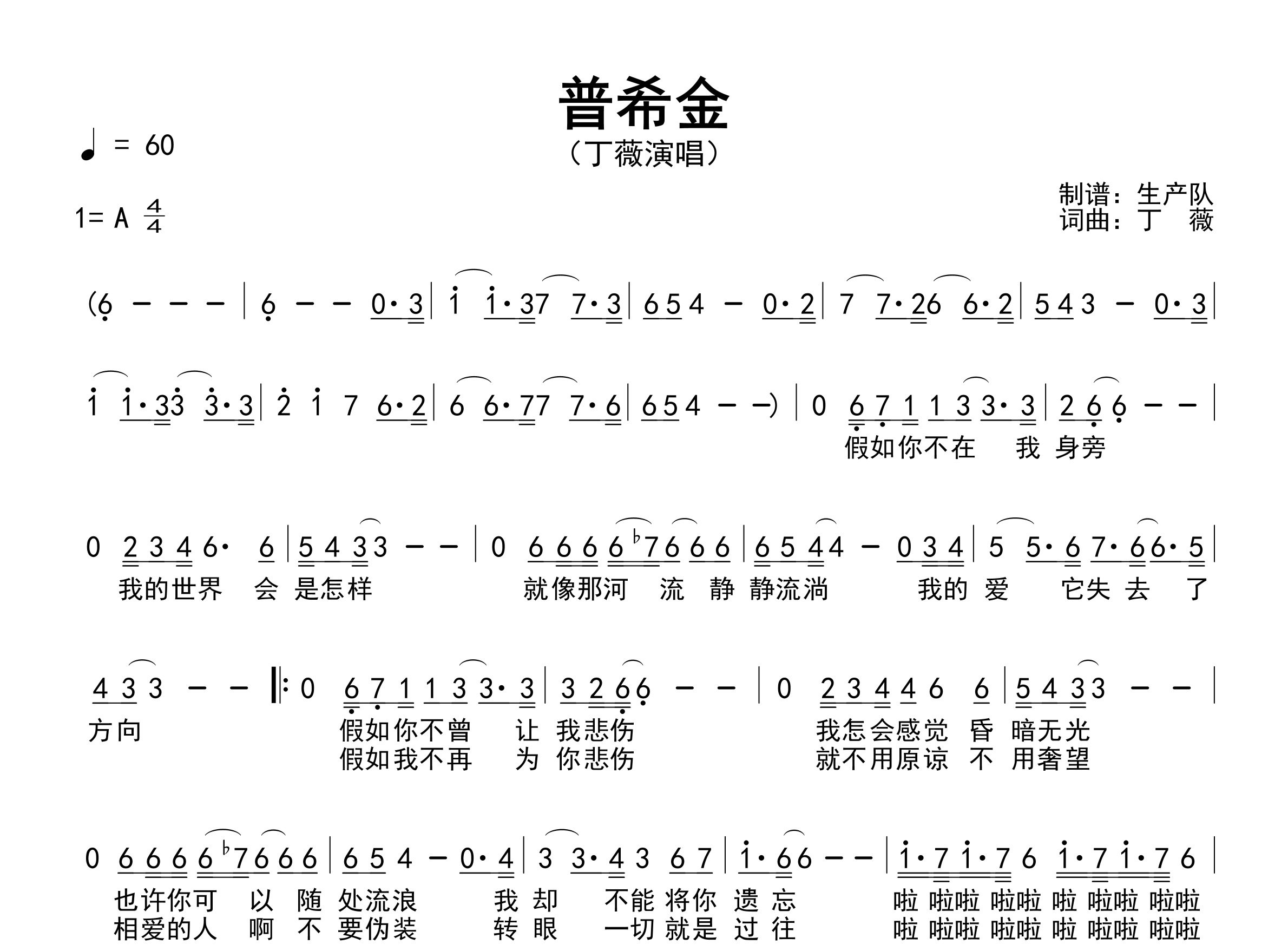 普希金简谱_丁薇_歌曲旋律简谱_生产队上传