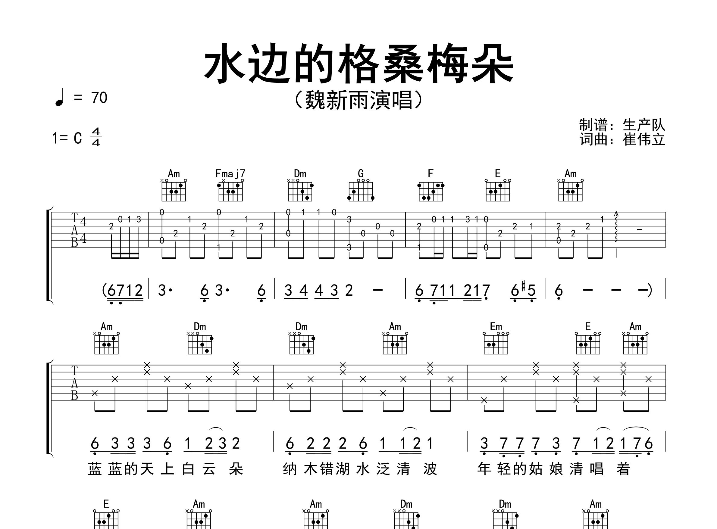 水边的格桑梅朵吉他谱_魏新雨_C调弹唱六线谱_生产队上传