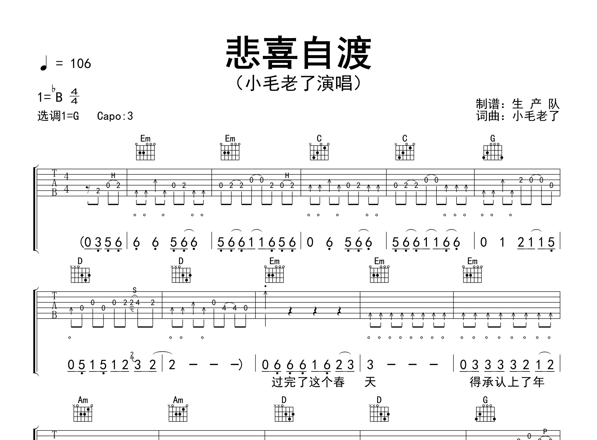 悲喜自渡吉他谱_小毛老了_G调弹唱六线谱_生产队上传