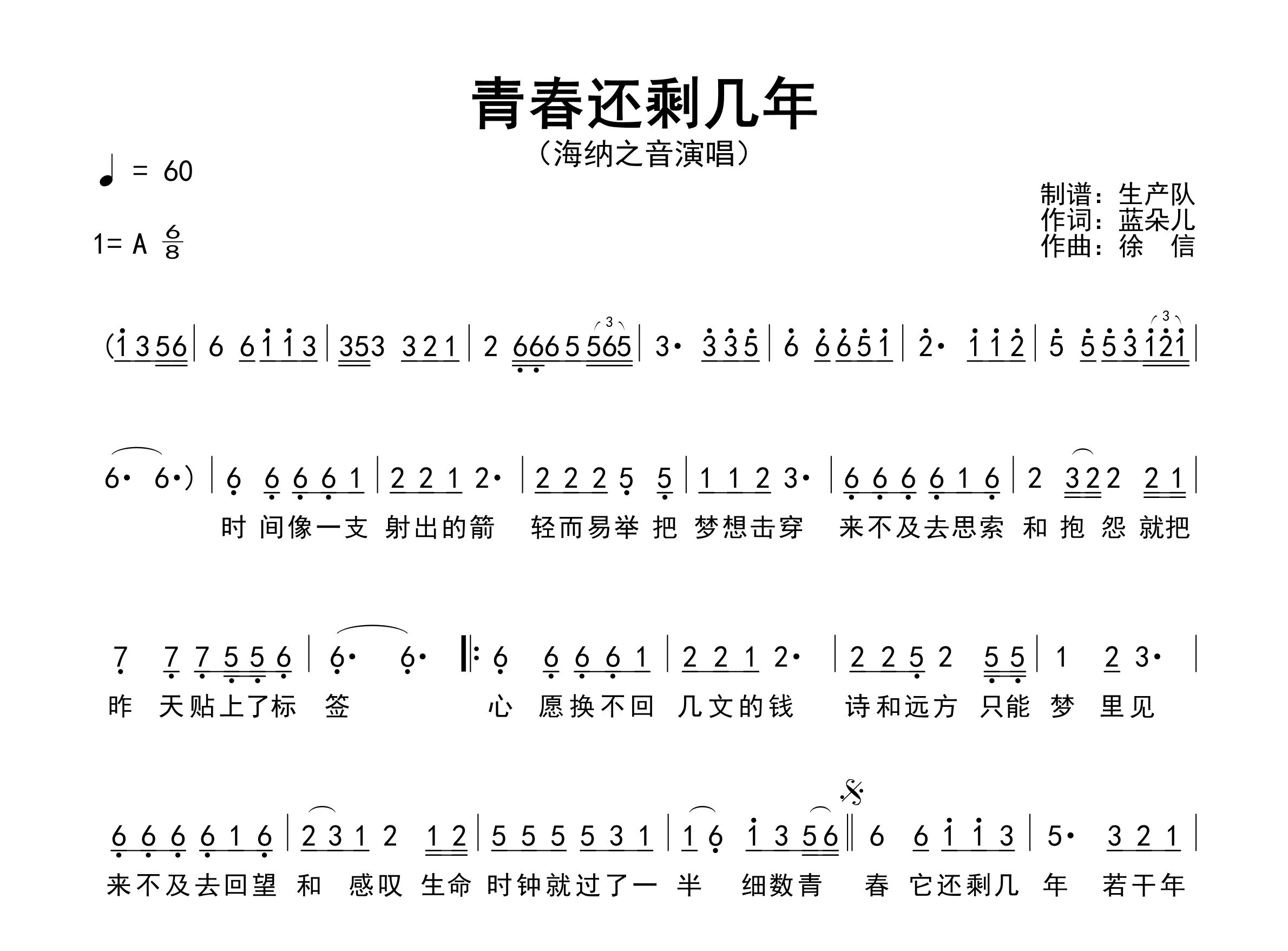 青春还剩几年简谱_海纳之音_歌曲简谱_生产队上传
