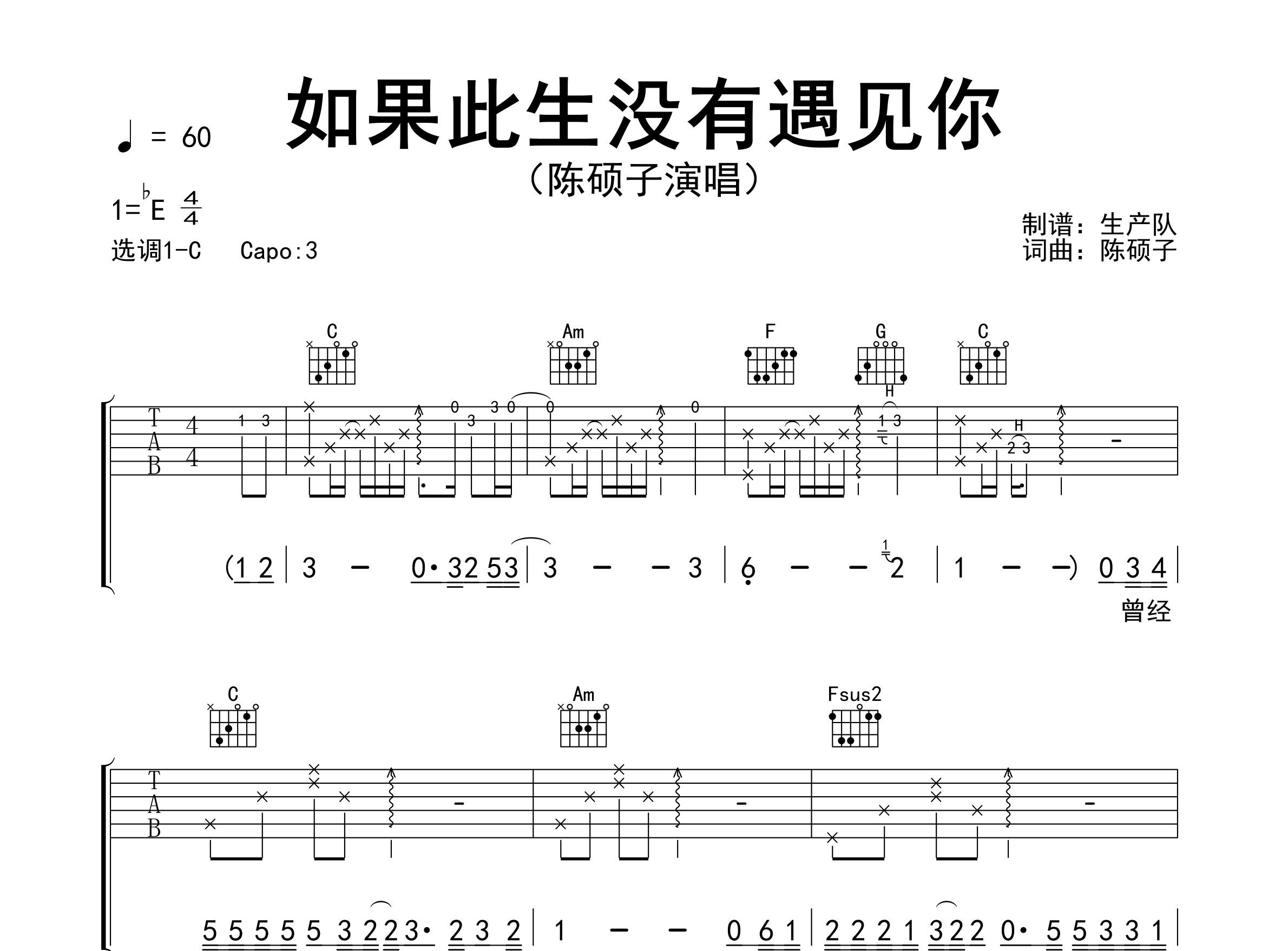 如果此生没有遇见你吉他谱_陈硕子_C调弹唱谱_生产队上传