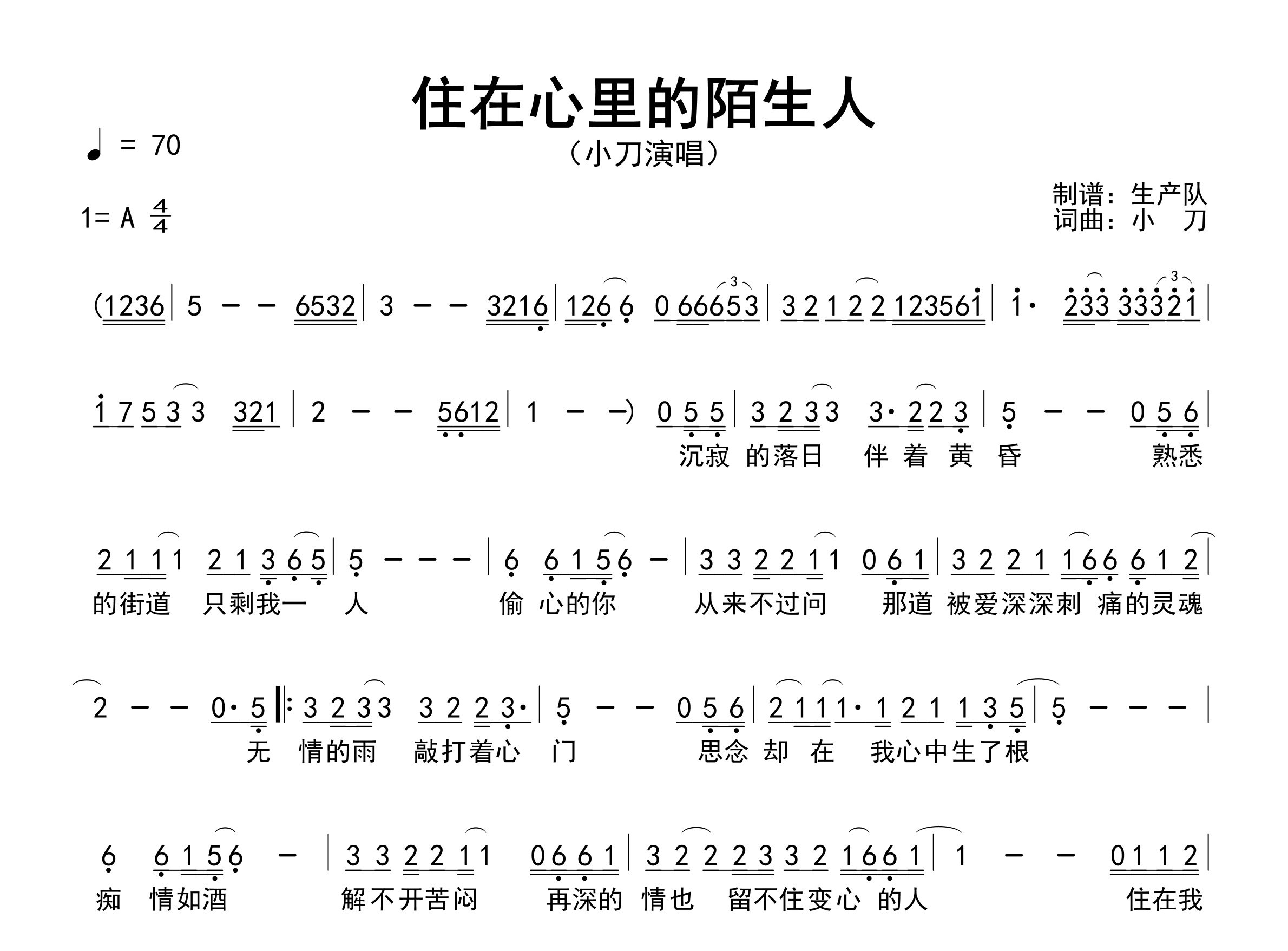 住在心里的陌生人简谱_小刀_歌曲旋律简谱