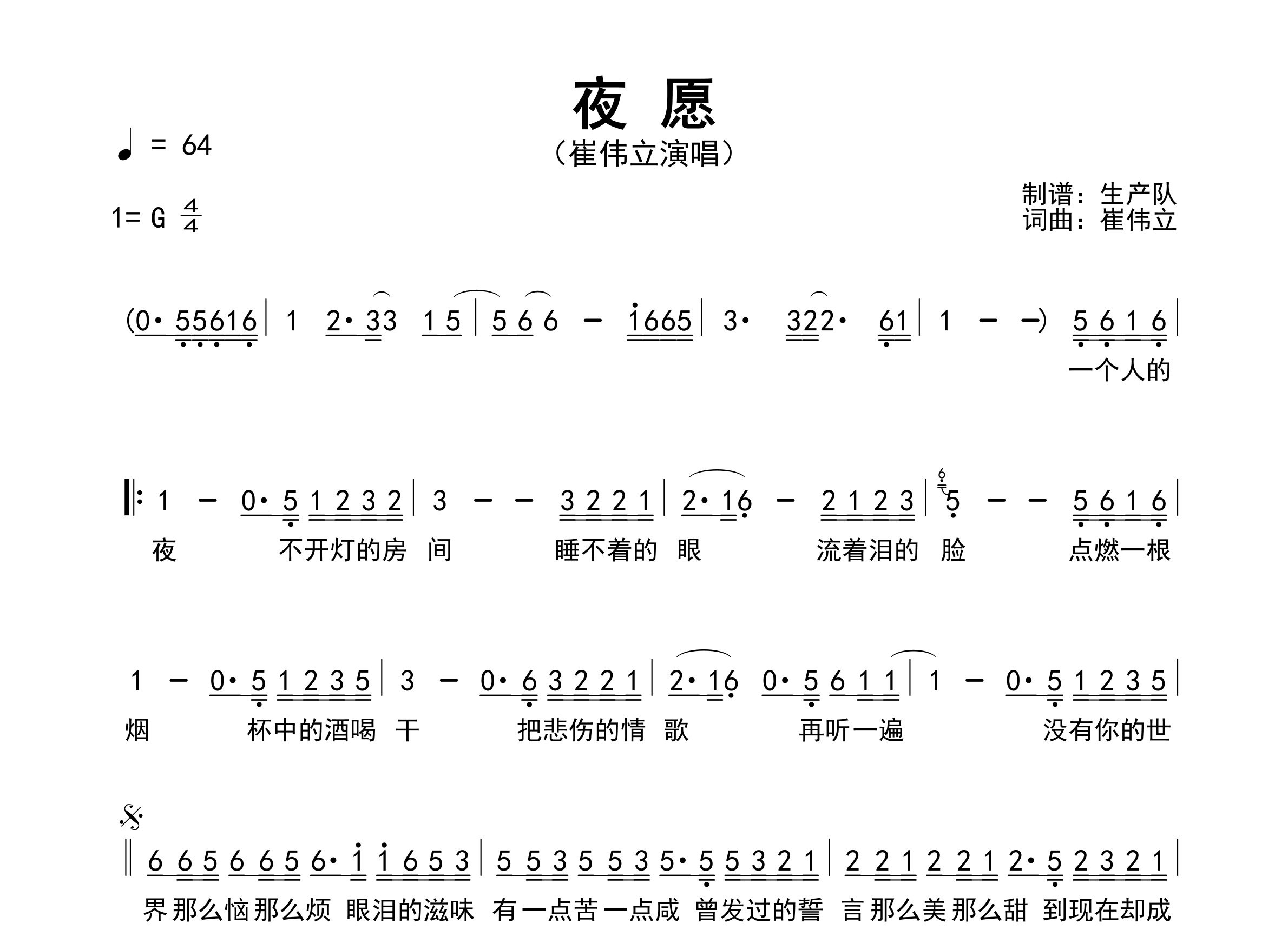 夜愿简谱_崔伟立_歌曲旋律简谱_生产队上传