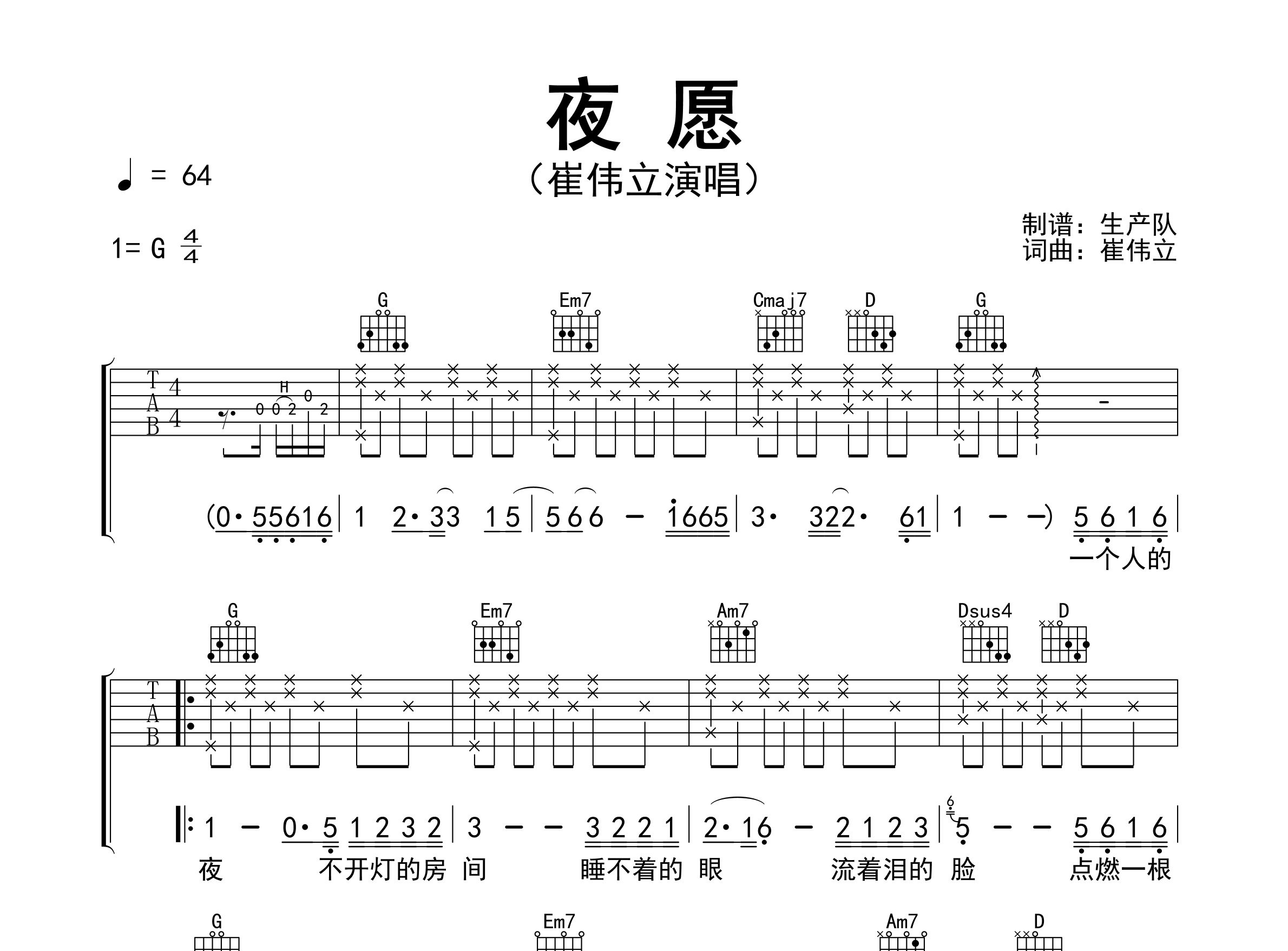夜愿吉他谱_崔伟立_G调弹唱六线谱_生产队上传