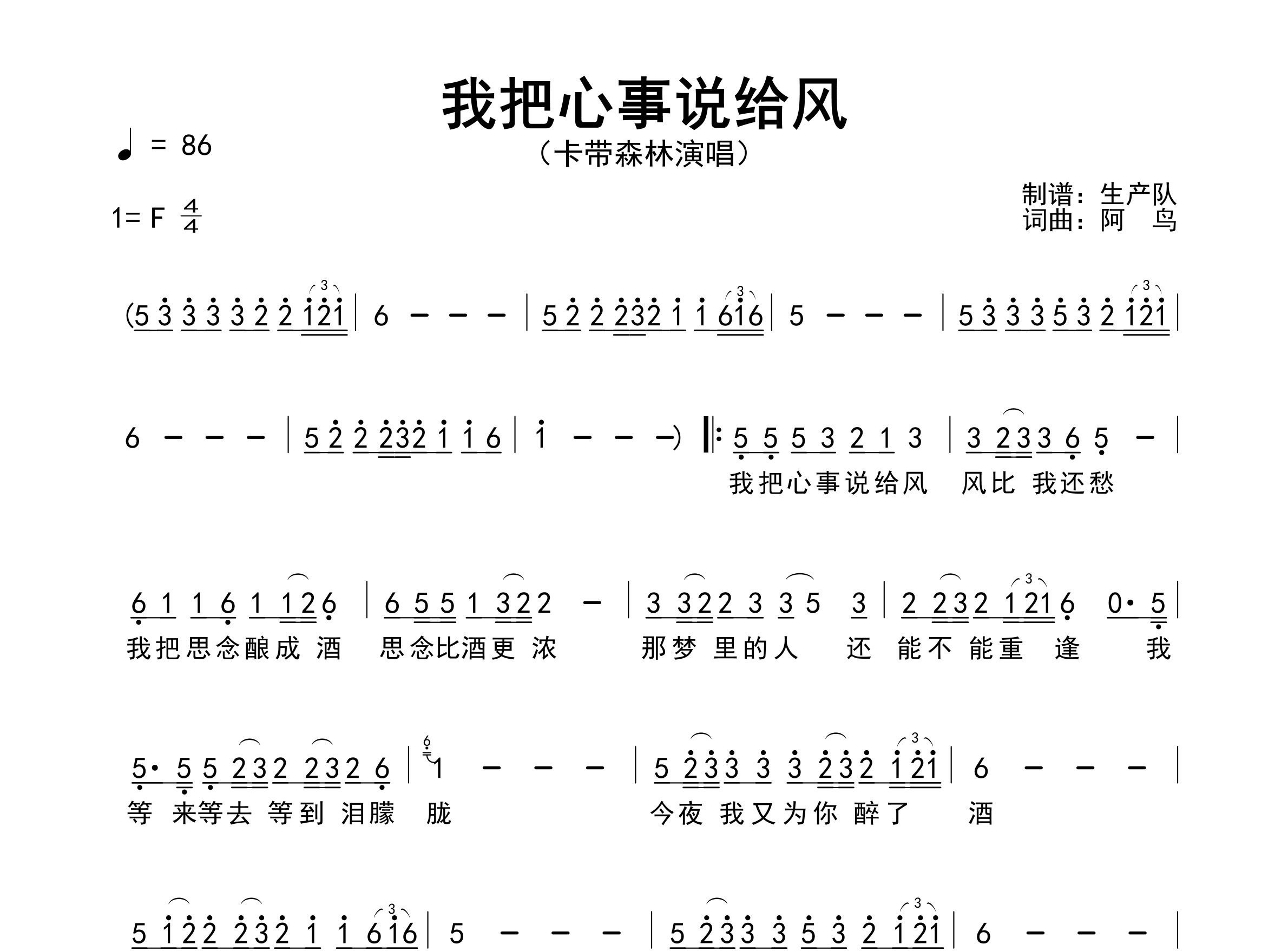 我把心事说给风简谱_卡带森林_歌曲旋律简谱