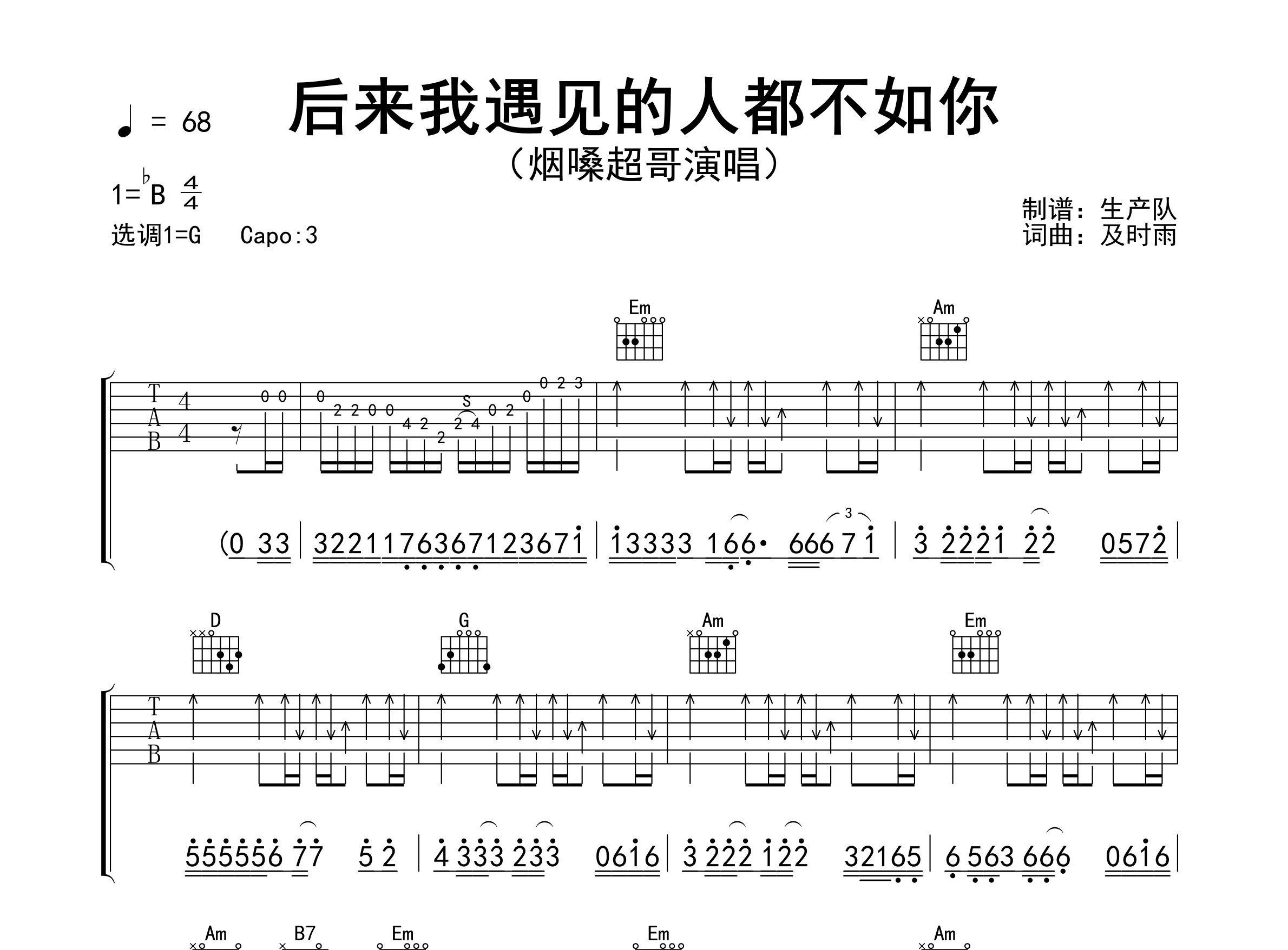 后来我遇见的人都不如你吉他谱_烟嗓超哥_G调弹唱六线谱