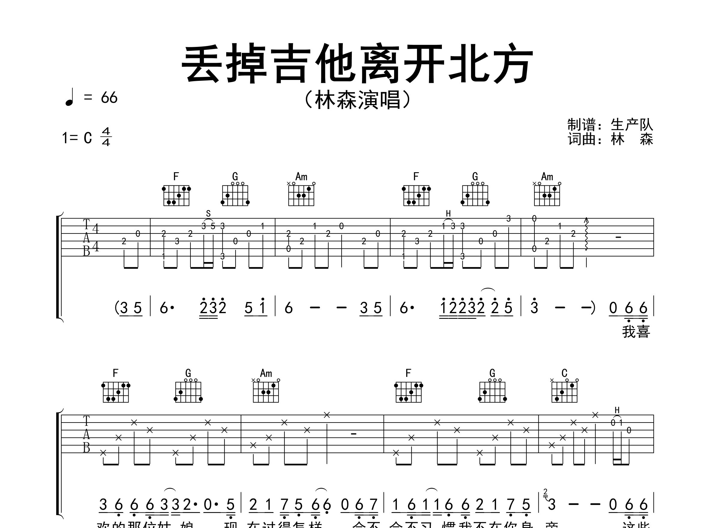 丢掉吉他离开北方吉他谱_林森_C调弹唱六线谱_生产队上传