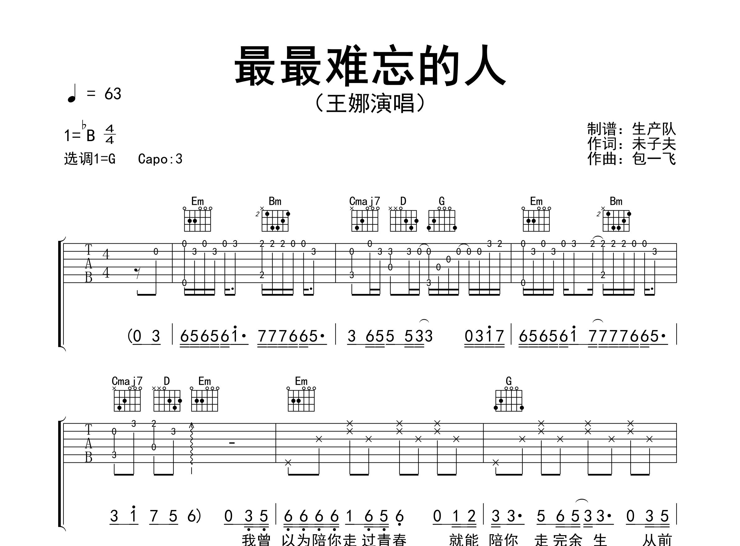 最最难忘的人吉他谱_王娜_G调弹唱六线谱_生产队上传