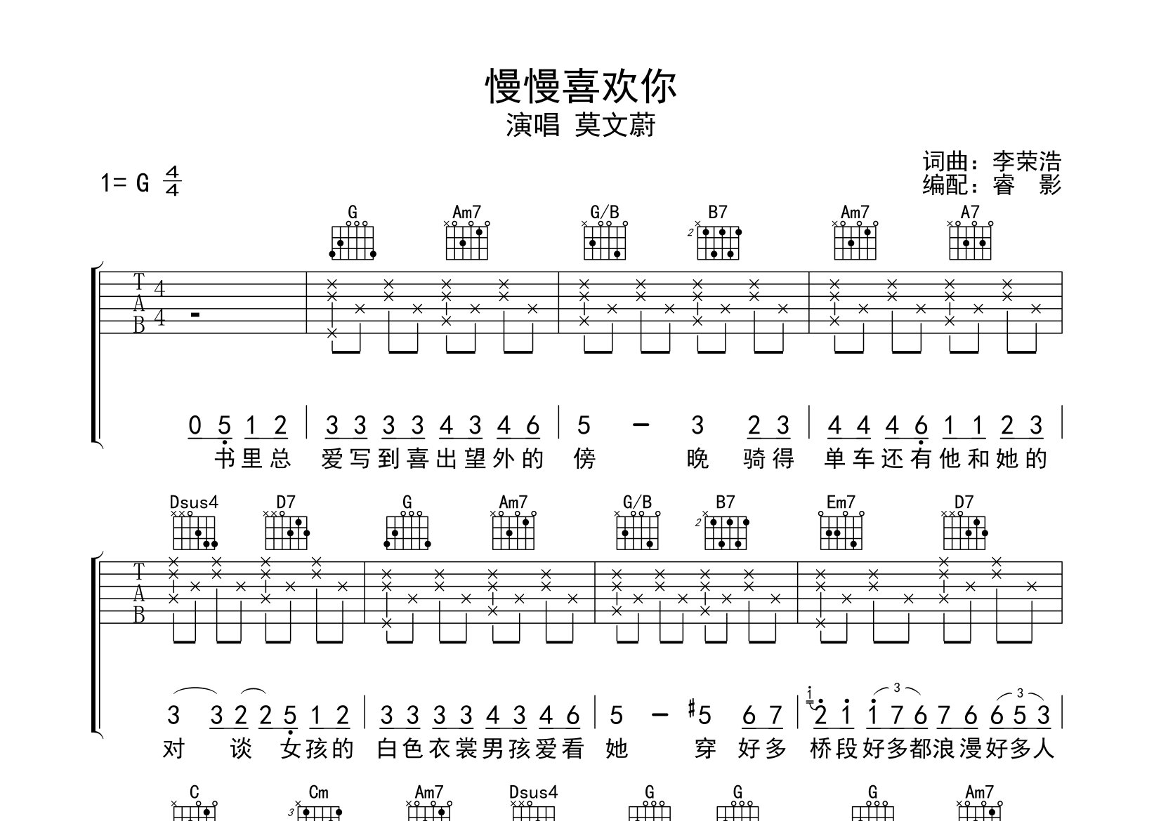 慢慢喜歡你吉他譜_莫文蔚_g調彈唱六線譜_睿影上傳