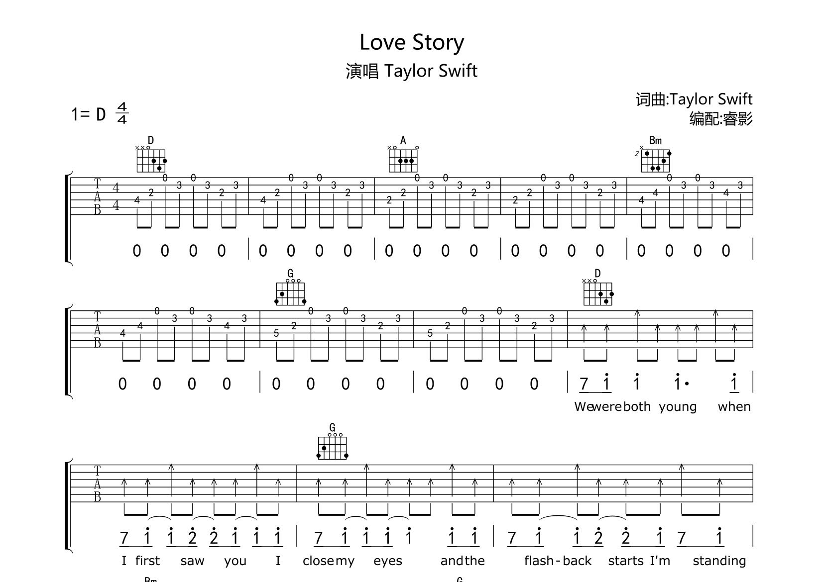 Love Story吉他谱_Taylor Swift_D调弹唱六线谱_睿影上传