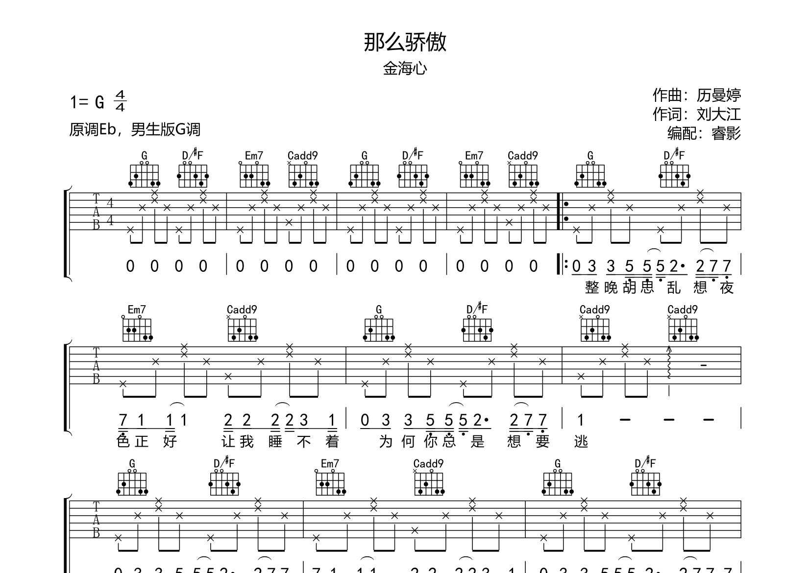 那麼驕傲吉他譜_金海心_g調彈唱六線譜_睿影上傳