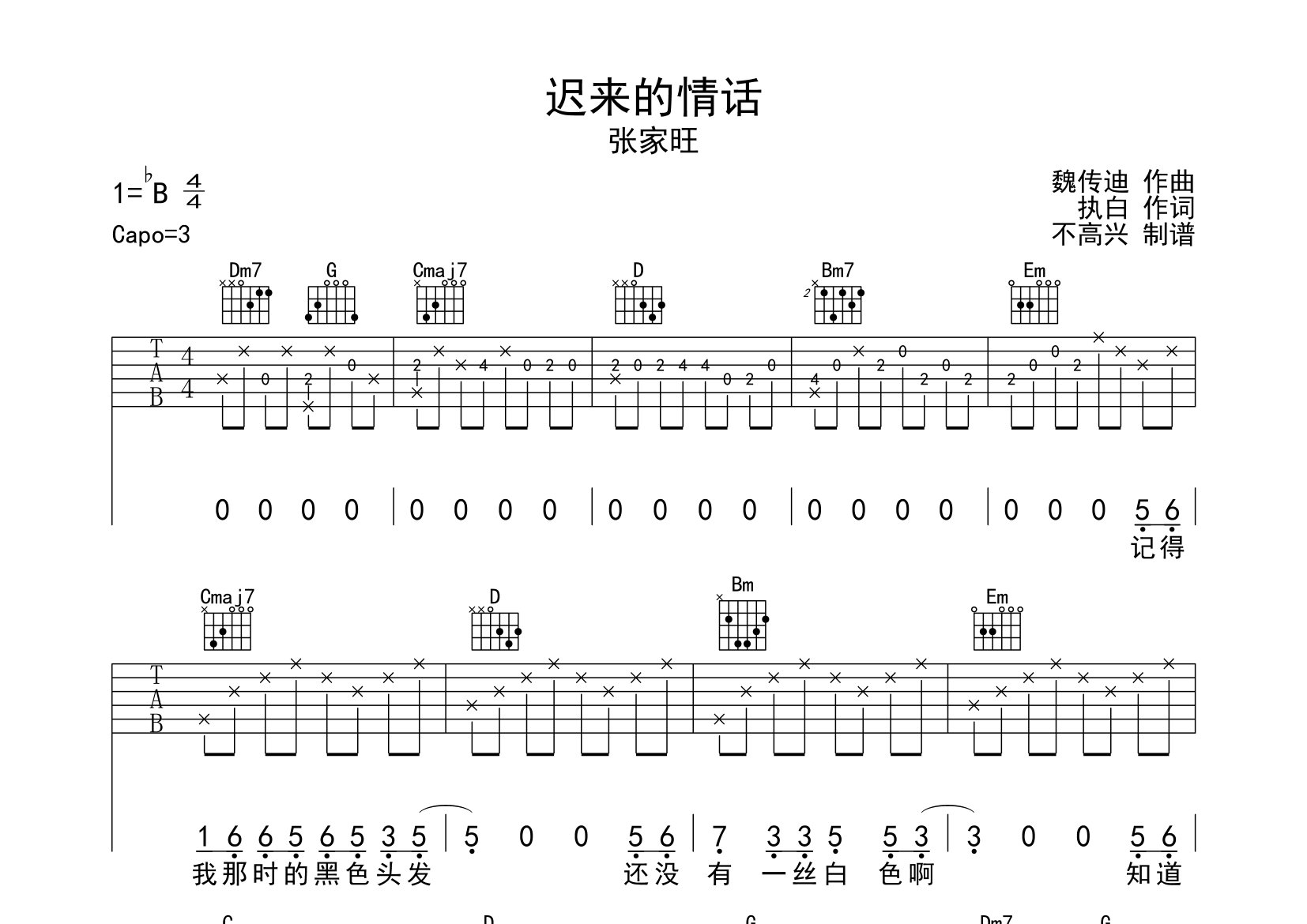 迟来的情话吉他谱_张家旺_g调弹唱六线谱_不高兴上传