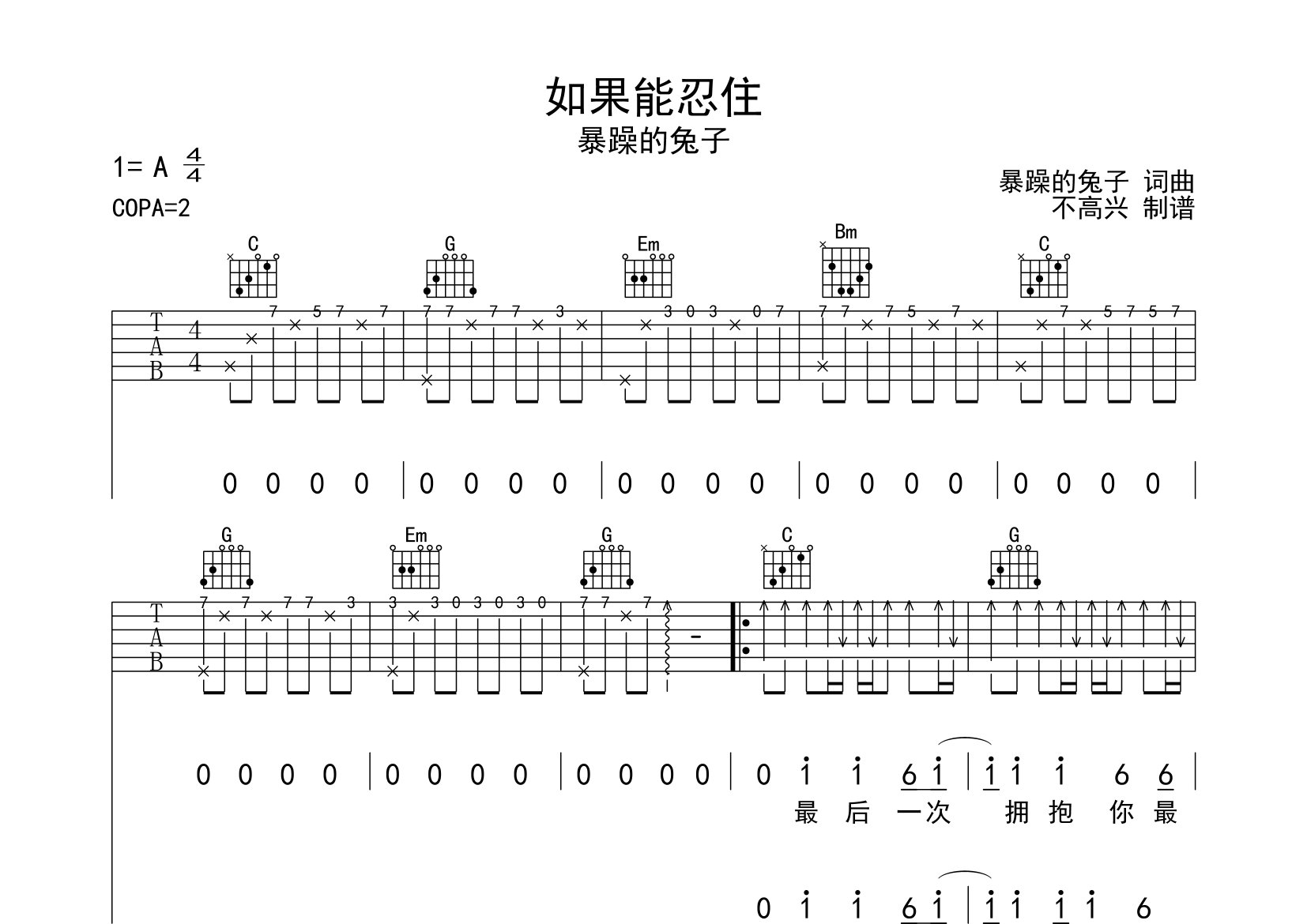 如果能忍住吉他谱_暴躁的兔子_G调弹唱六线谱_不高兴上传