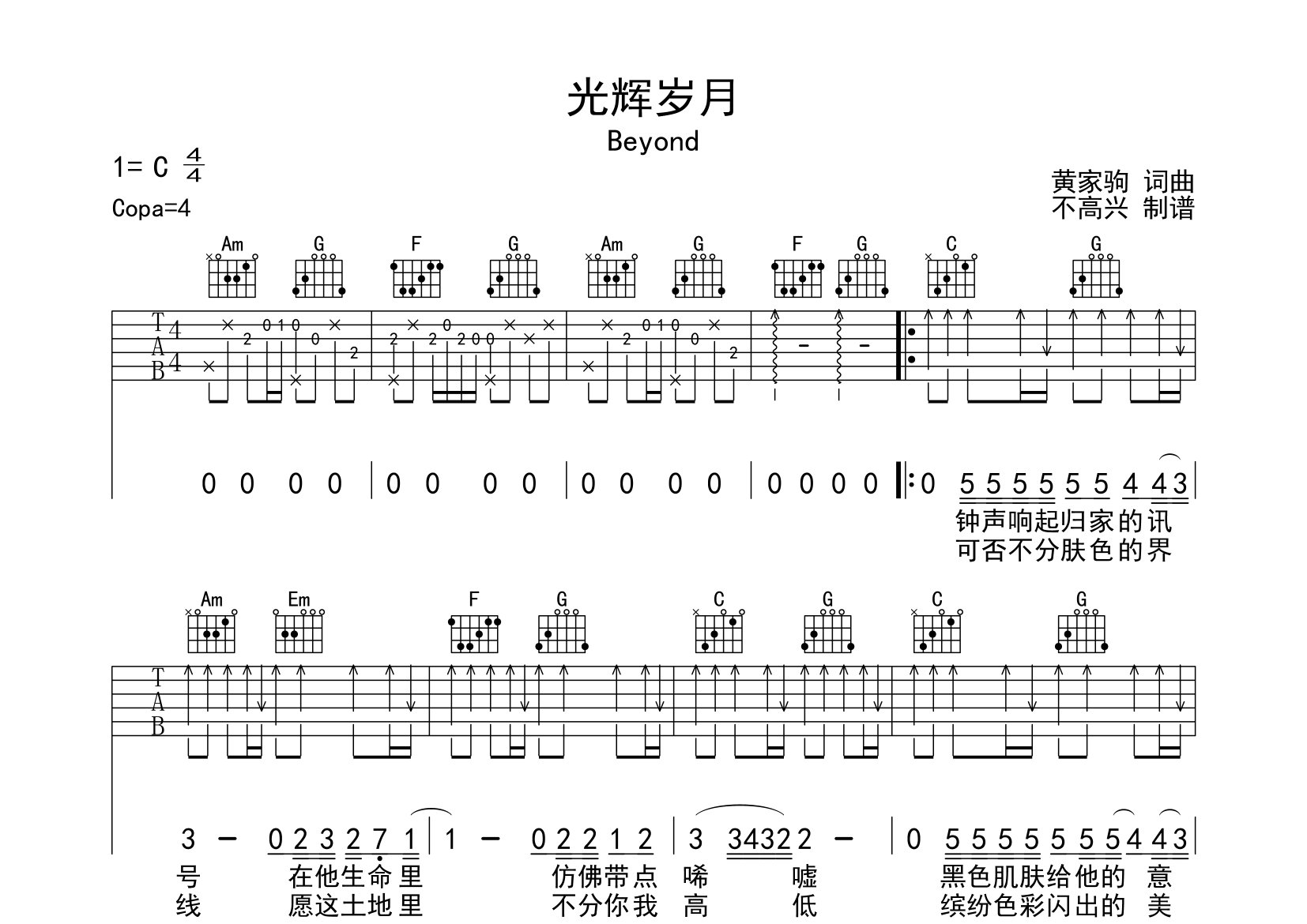 光輝歲月吉他譜_beyond_c調彈唱六線譜_不高興上傳