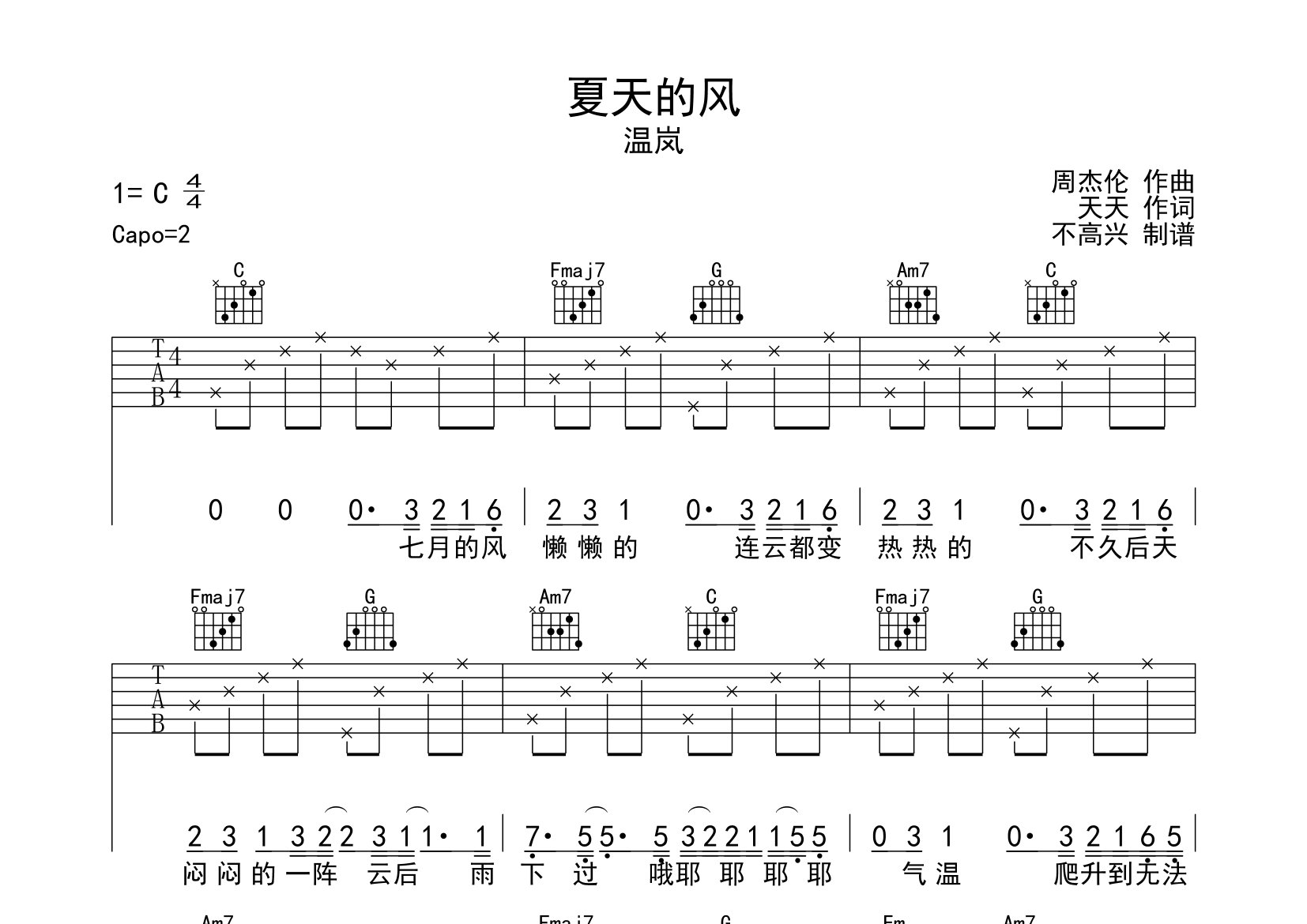 夏天的风吉他谱_温岚_C调弹唱六线谱_不高兴上传