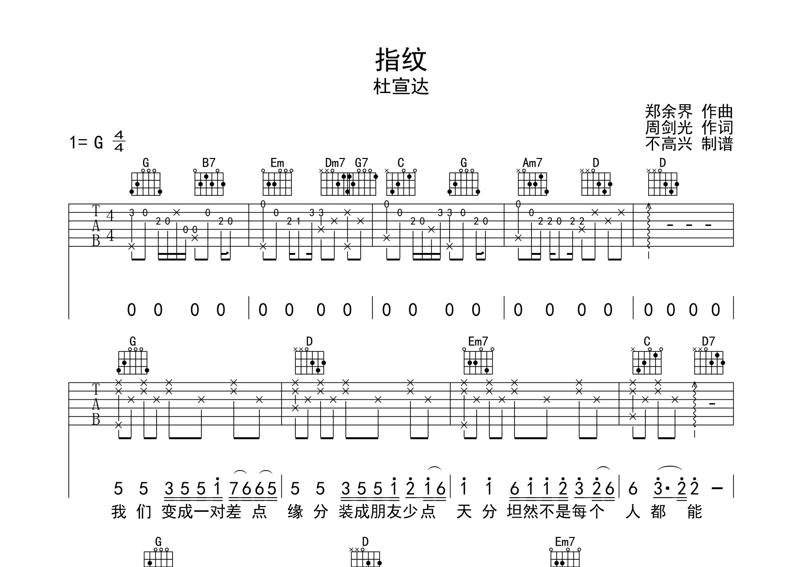 指纹吉他谱_杜宣达_G调弹唱六线谱_不高兴上传