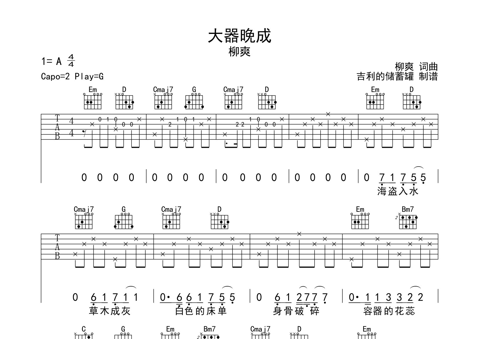 大器晚成吉他谱_柳爽_G调弹唱六线谱_不高兴上传