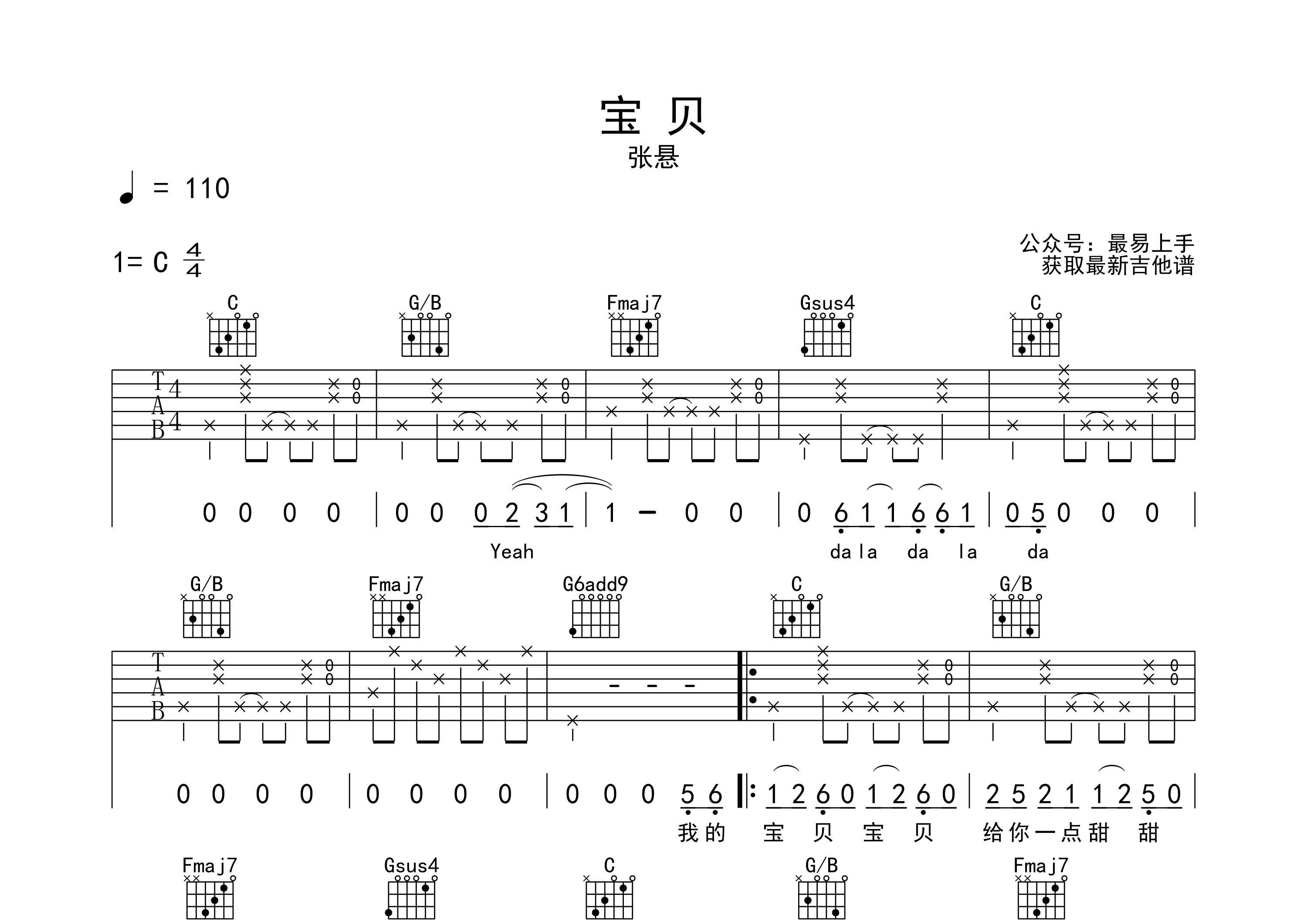 寶貝吉他譜_張懸_c調彈唱六線譜_最易上手上傳
