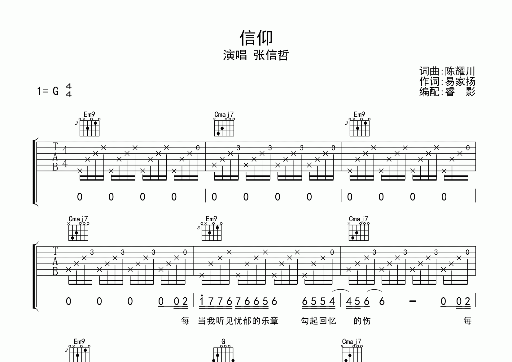 信仰吉他谱_张信哲_G调弹唱六线谱_睿影上传