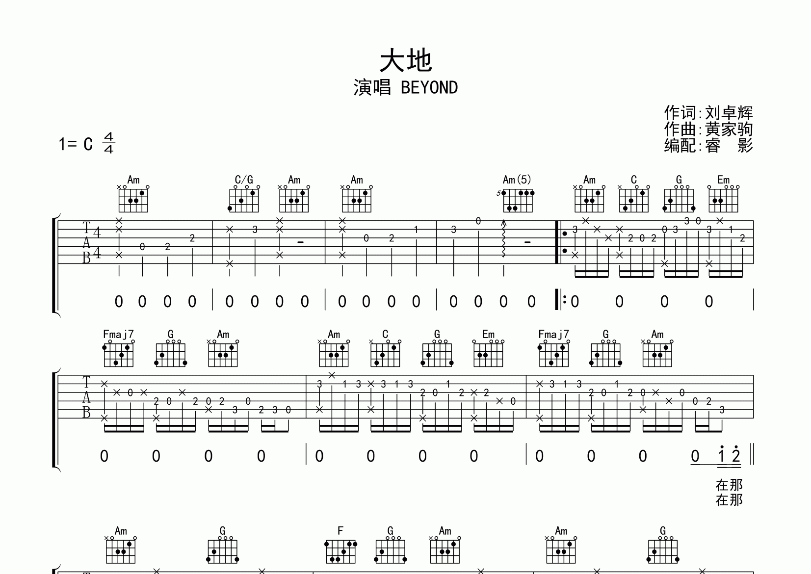 大地吉他谱_BEYOND_C调弹唱六线谱_睿影上传