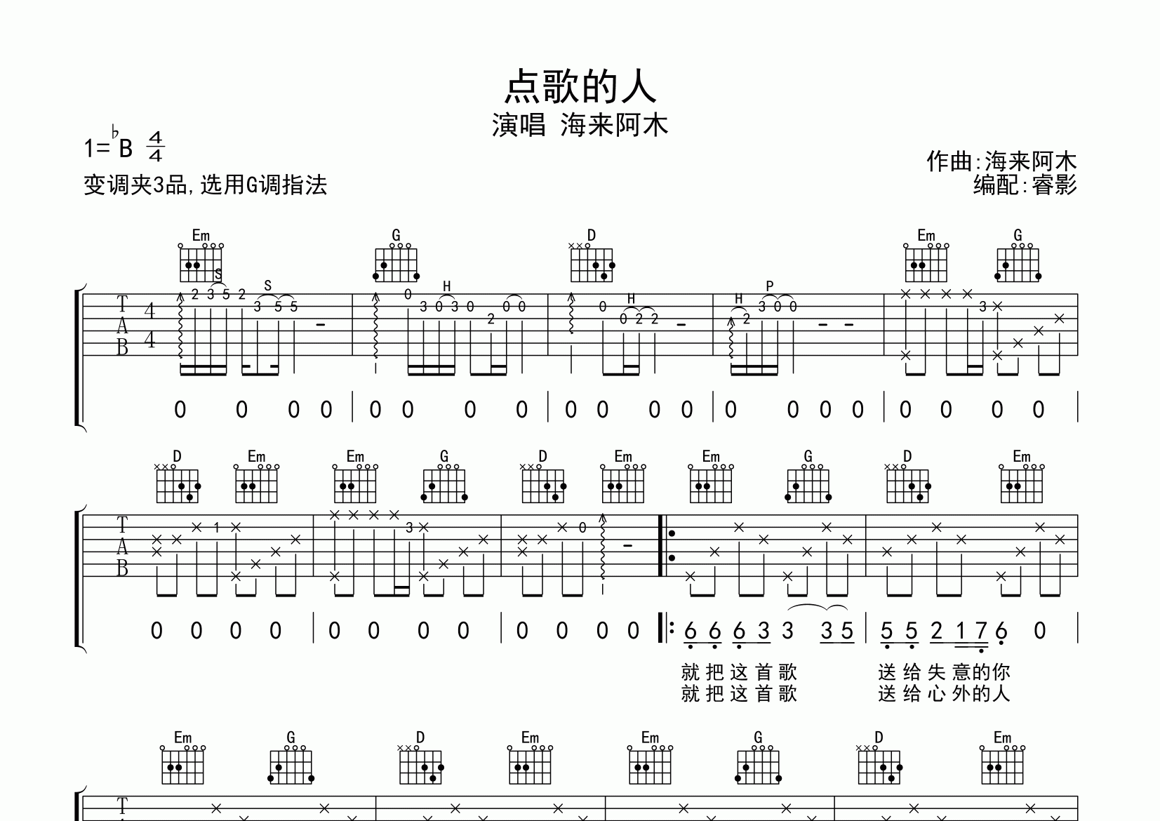 點歌的人吉他譜_海來阿木_g調彈唱六線譜_睿影上傳