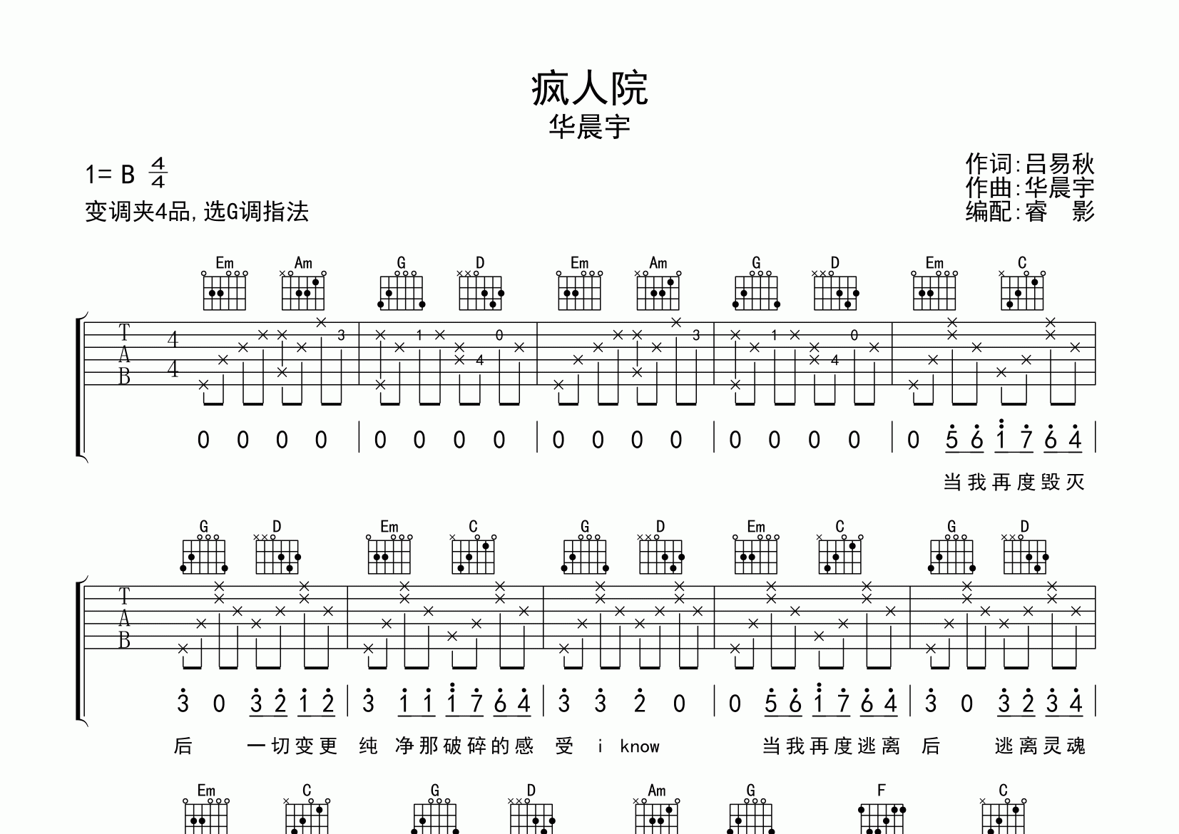 疯人院吉他谱_华晨宇_G调弹唱六线谱_睿影上传