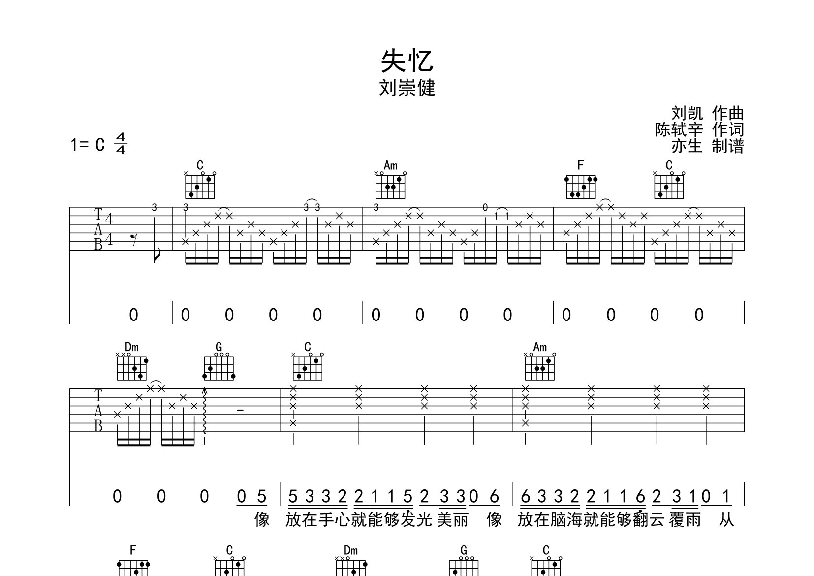 失忆刘崇健吉他谱图片