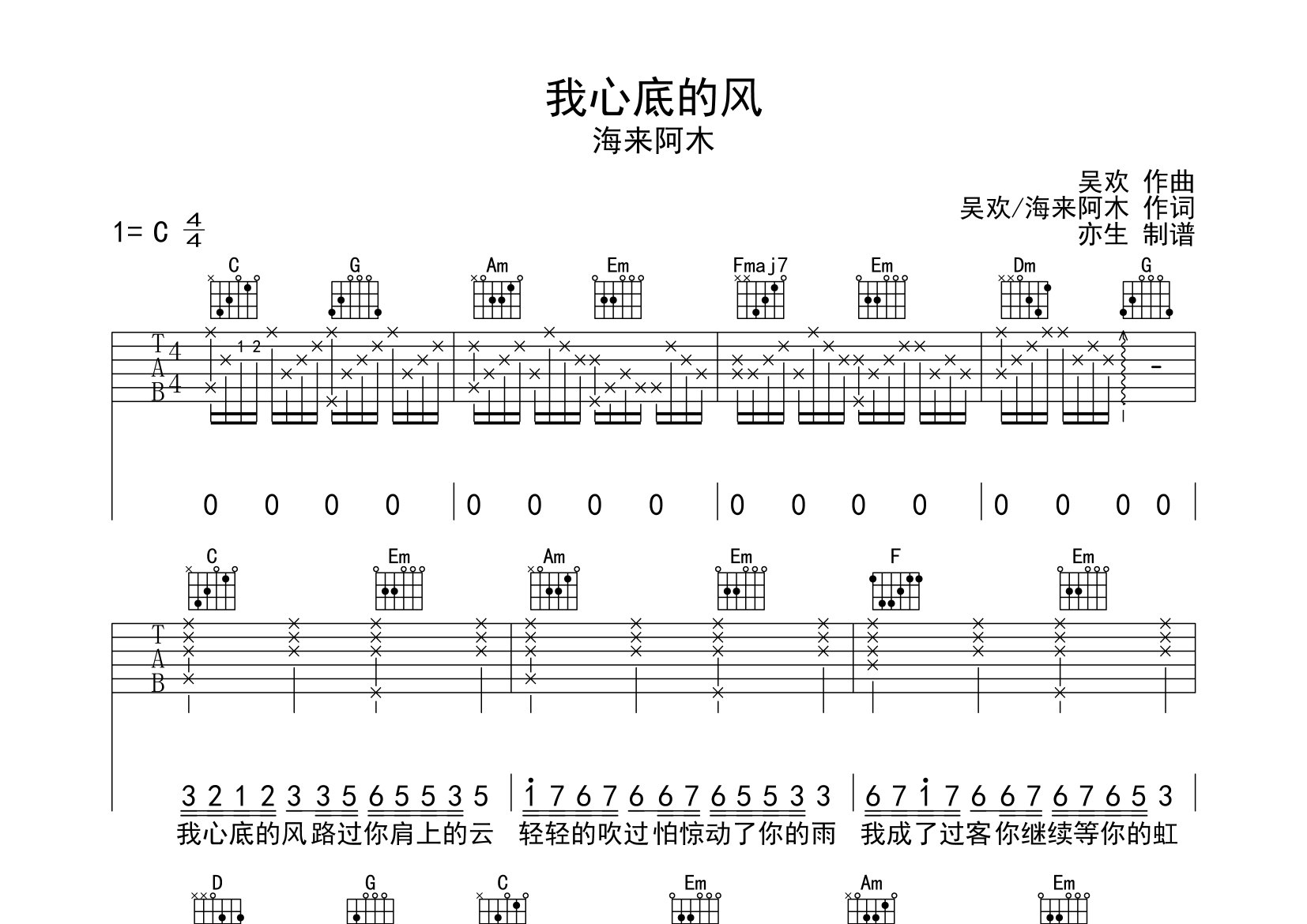 我心底的风吉他谱_海来阿木_C调弹唱六线谱_亦生上传