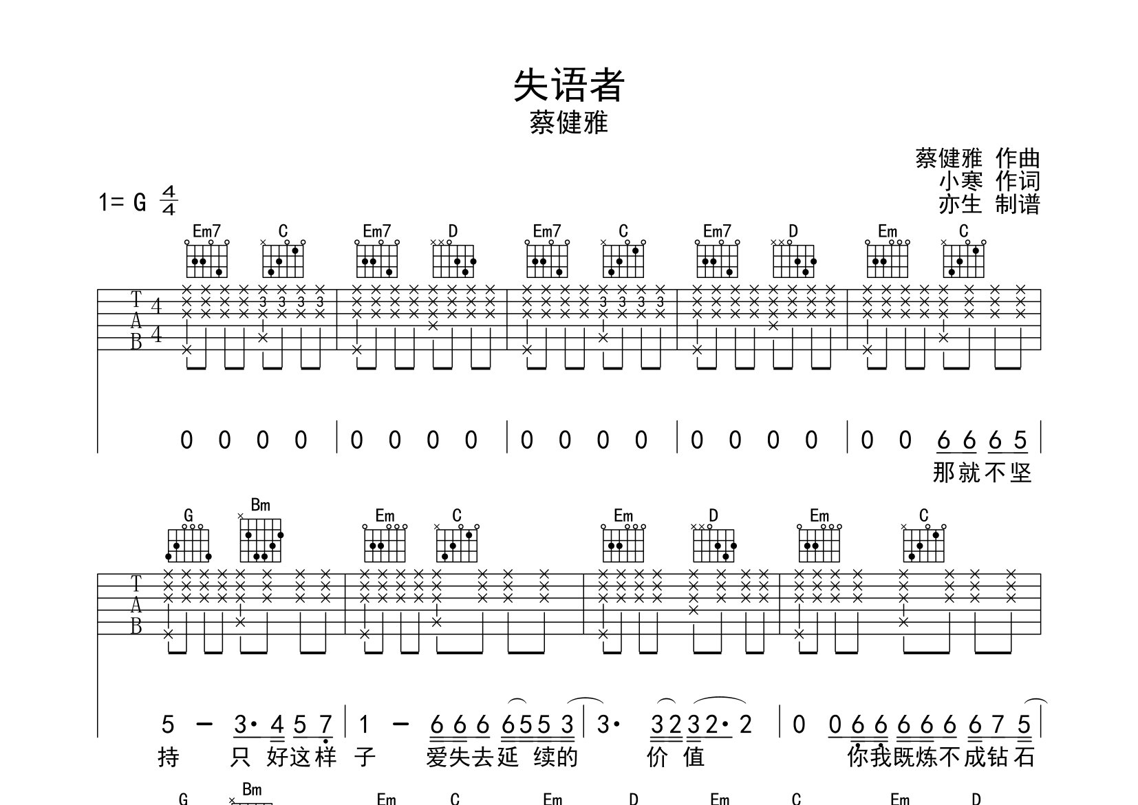 失语者吉他谱_蔡健雅_G调弹唱六线谱_亦生上传