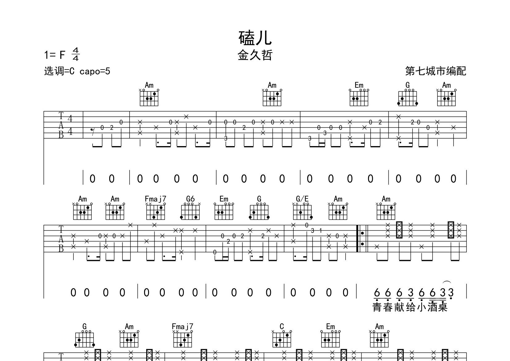 磕儿吉他谱_金久哲_c调弹唱六线谱_第七城市上传