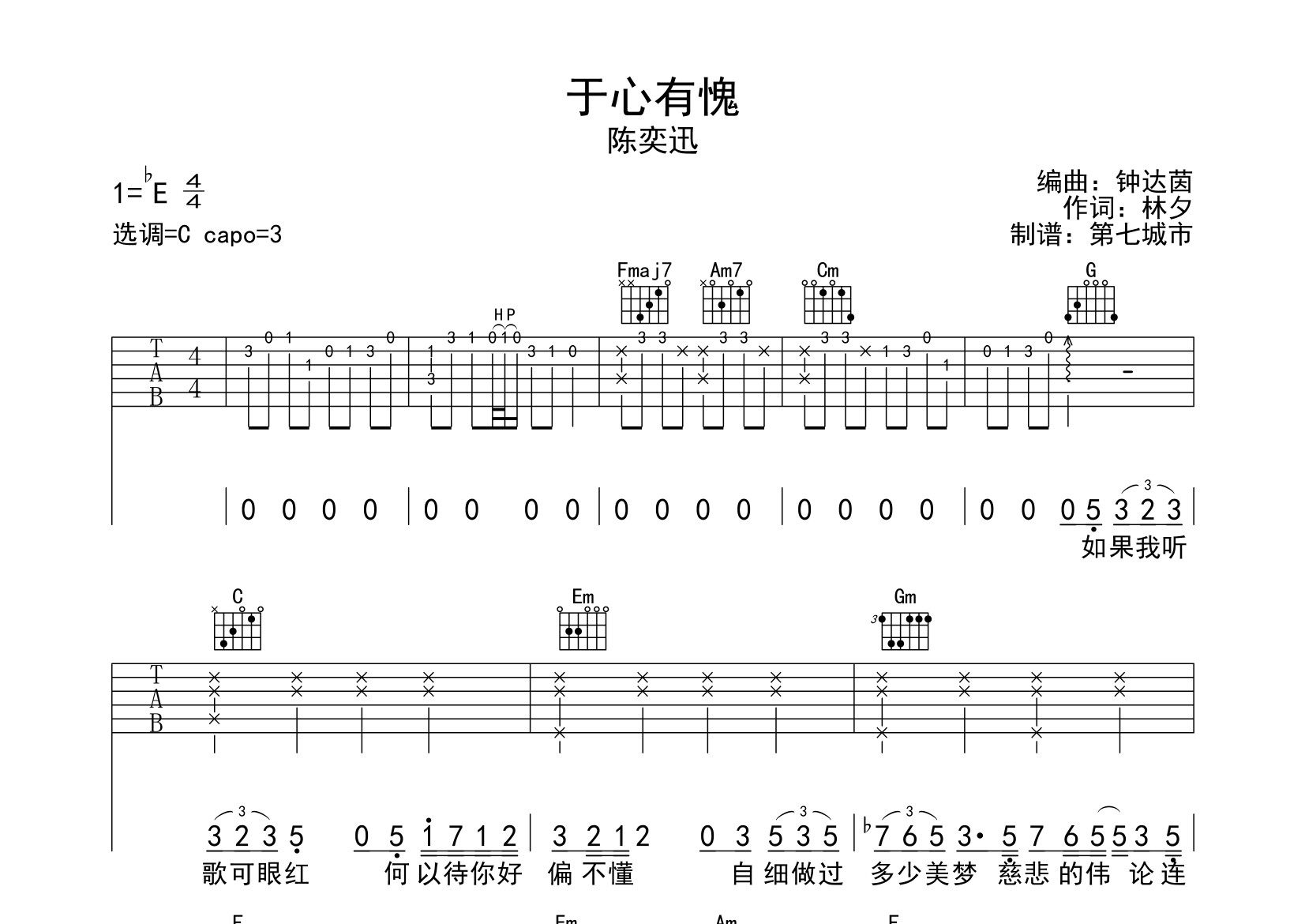 于心有愧吉他谱_陈奕迅_C调弹唱六线谱_第七城市上传