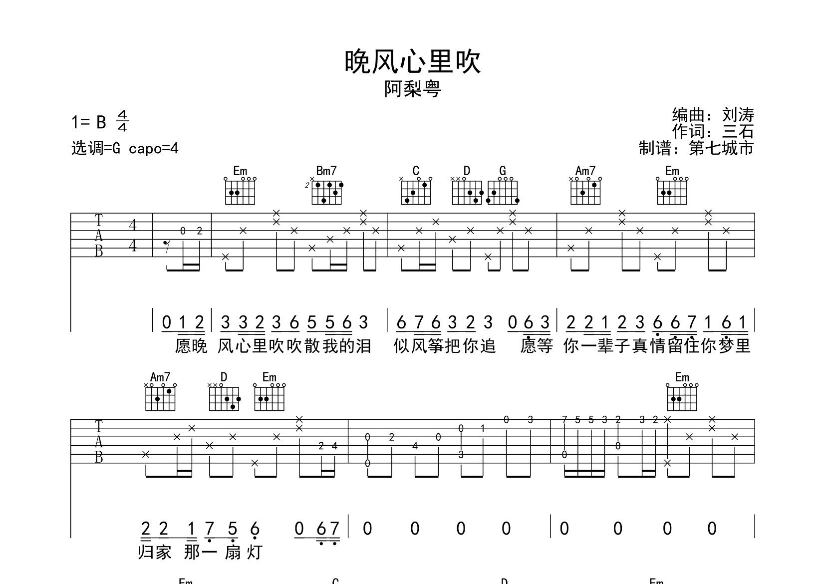 晚风心里吹吉他谱_阿梨粤_G调弹唱六线谱_第七城市上传