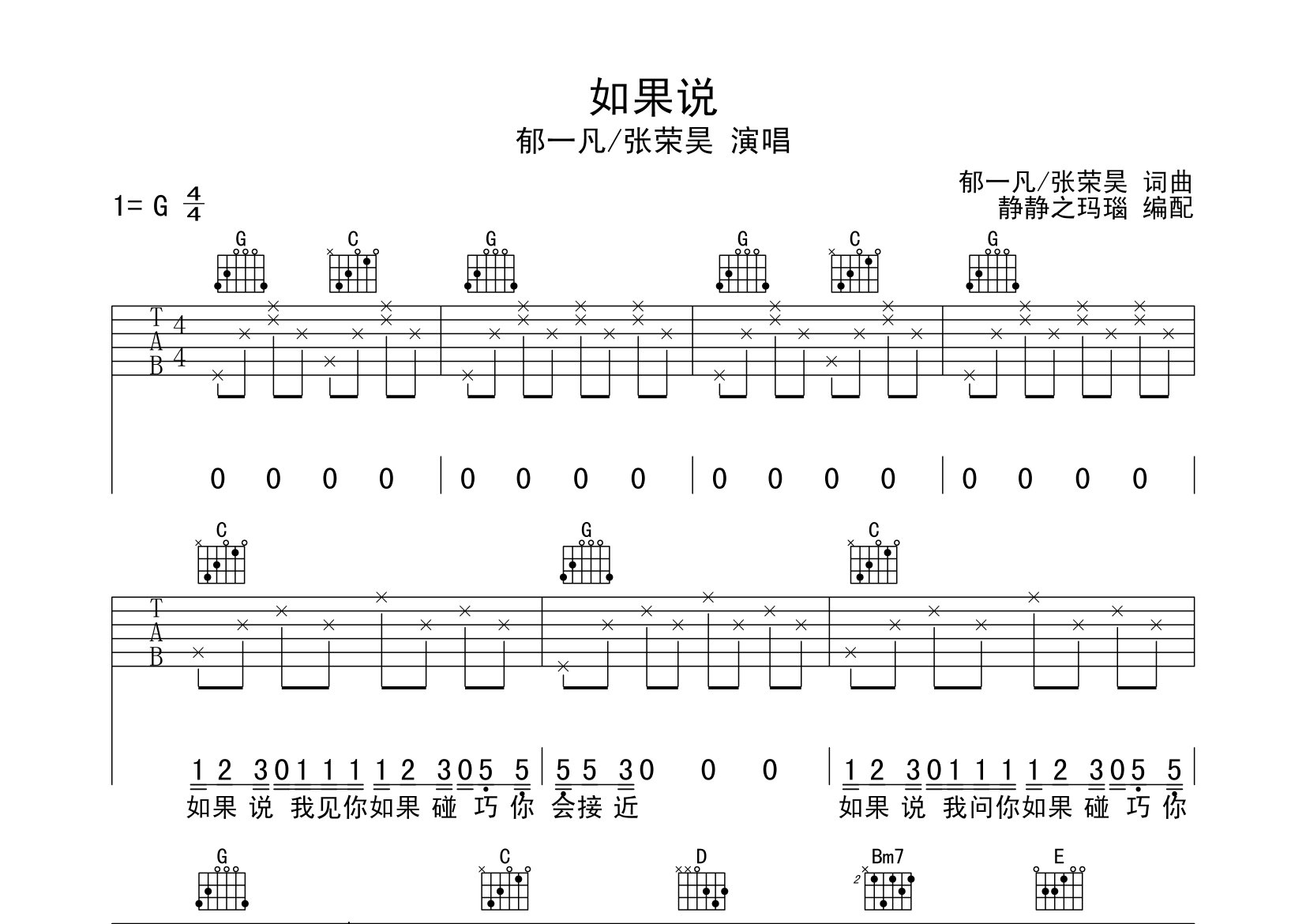 如果说吉他谱_郁一凡_G调简单版_高清弹唱六线谱