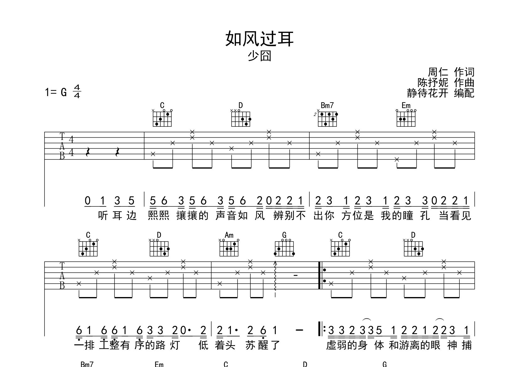 如风过耳吉他谱_少囧_G调弹唱六线谱_静静之玛瑙上传